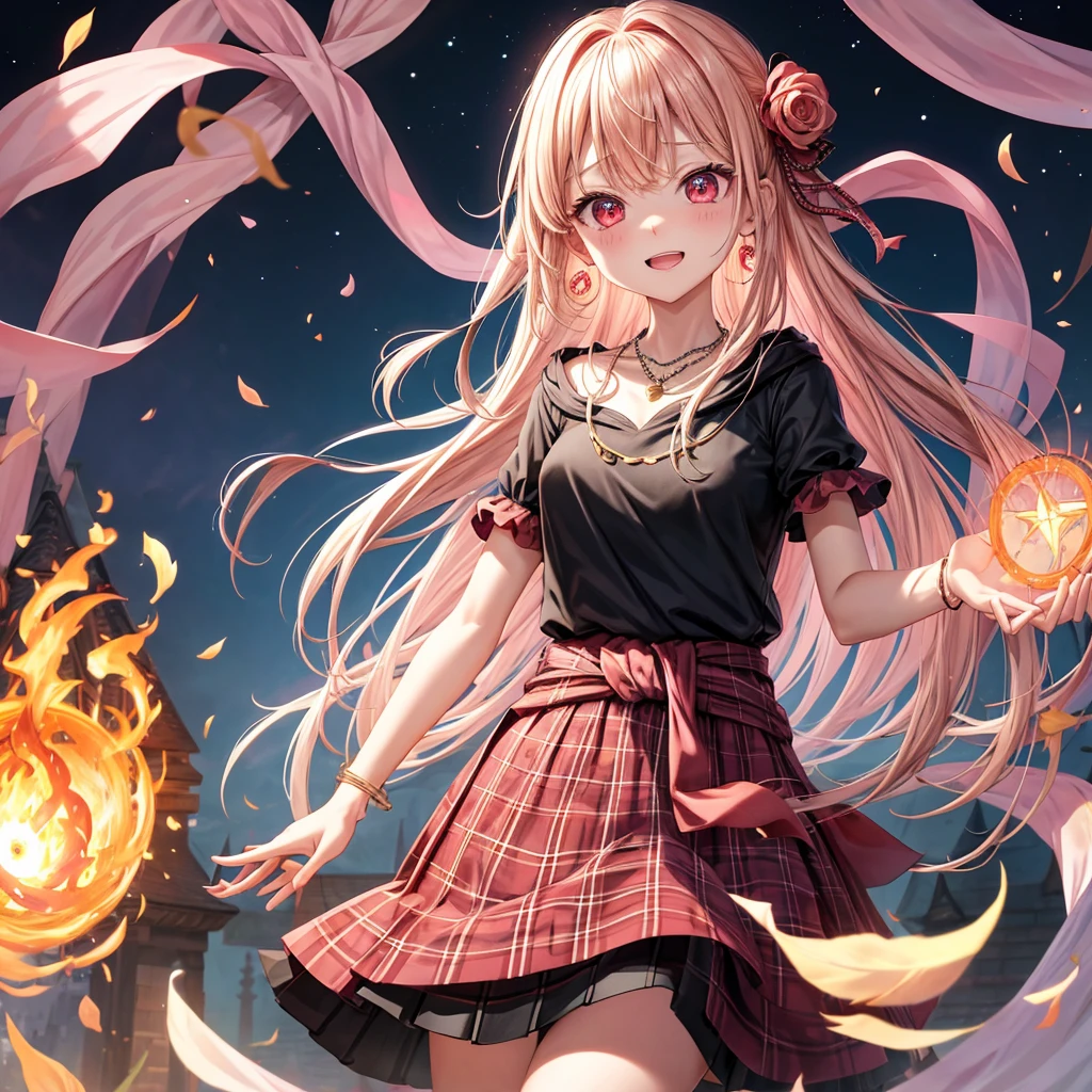 pink blonde、red eyes、one good looking girl、solo、anime、plaid mini skirt、black camisole、black t-shirt、dress、wearing a ribbon、ribbon at waist、cloak、hood、stone slabs are piled up、crystal earrings、monster castle、jewelry necklace、Light and shadow、walking、clock、universe、vine plant、petal、tilting one's face、teeth are visible、spiral stage、fire spirit、book of magic、Kinmokusei