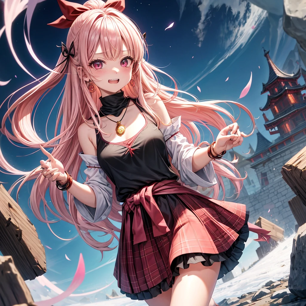 pink blonde、red eyes、one good looking girl、solo、anime、plaid mini skirt、black camisole、black t-shirt、dress、wearing a ribbon、ribbon at waist、cloak、hood、stone slabs are piled up、crystal earrings、monster castle、jewelry necklace、Light and shadow、walking、clock、universe、vine plant、petal、tilting one's face、teeth are visible、spiral stage、fire spirit、book of magic、Kinmokusei