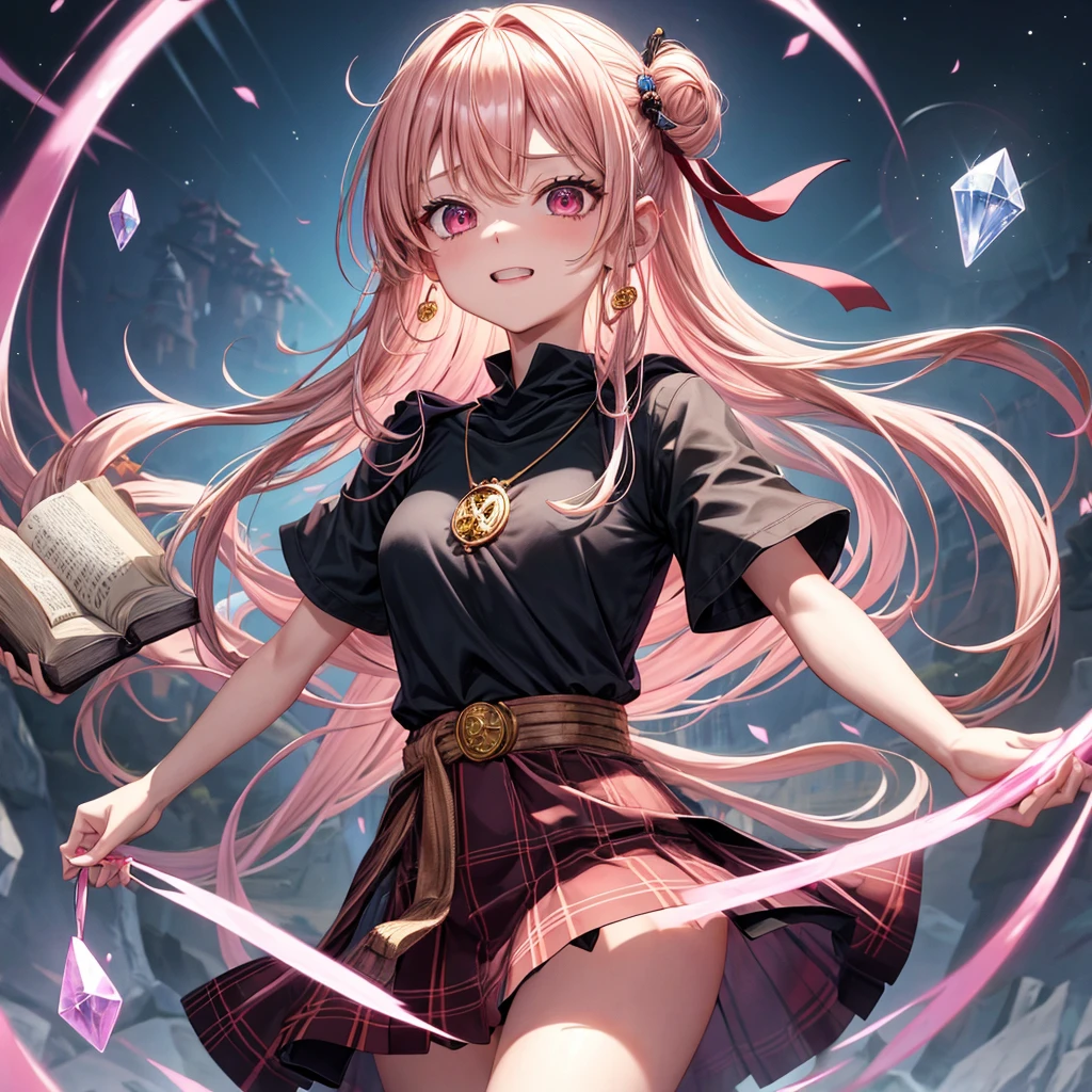 pink blonde、red eyes、one good looking girl、solo、anime、plaid mini skirt、black camisole、black t-shirt、dress、wearing a ribbon、ribbon at waist、cloak、hood、stone slabs are piled up、crystal earrings、monster castle、jewelry necklace、Light and shadow、walking、clock、universe、vine plant、petal、tilting one&#39;s face、teeth are visible、spiral stage、fire spirit、book of magic、Kinmokusei