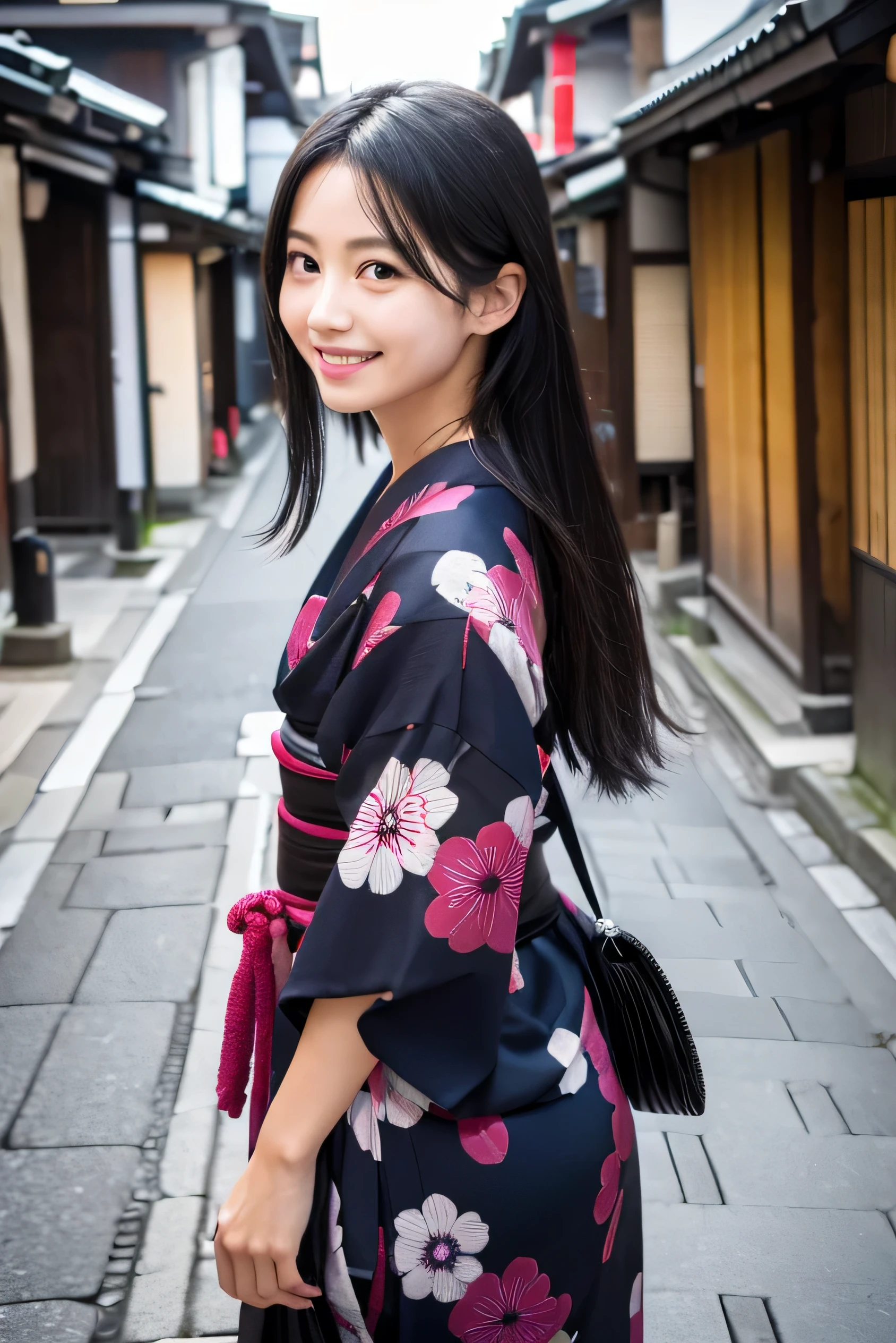 (8k、RAW photo、highest quality、masterpiece:1.2)、High-definition RAW color photo、professional photos、Japanese、Beautiful woman、black hair、long hair、(genuine、写真genuine:1.37)(((highest quality))),adult woman,cinematic light,(final details face:1.2)(masterpiece:1.2),(highest quality:1.2), (smile:1.2), In the streets of Kyoto, (yukata: 1.2))