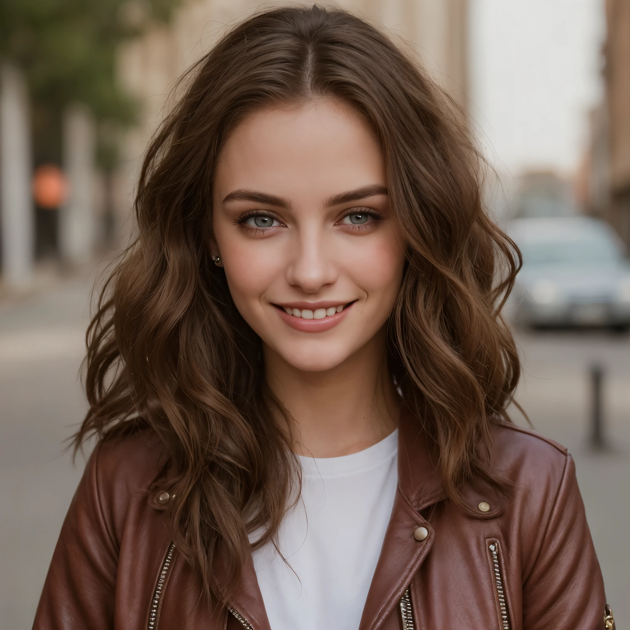 ((90's style)), ultra detailed photo of a beautiful woman with long hair, messy hair, wavy hair, brown hair, ultra detailed face, beautiful eyes with no makup, wearing leather jacket, cute sexy, standing in street, she smiled faintly and bowed her head, letting a lock of hair fall over one eye, deep shadows, rim light, warm natural colors, vivid vintage colors