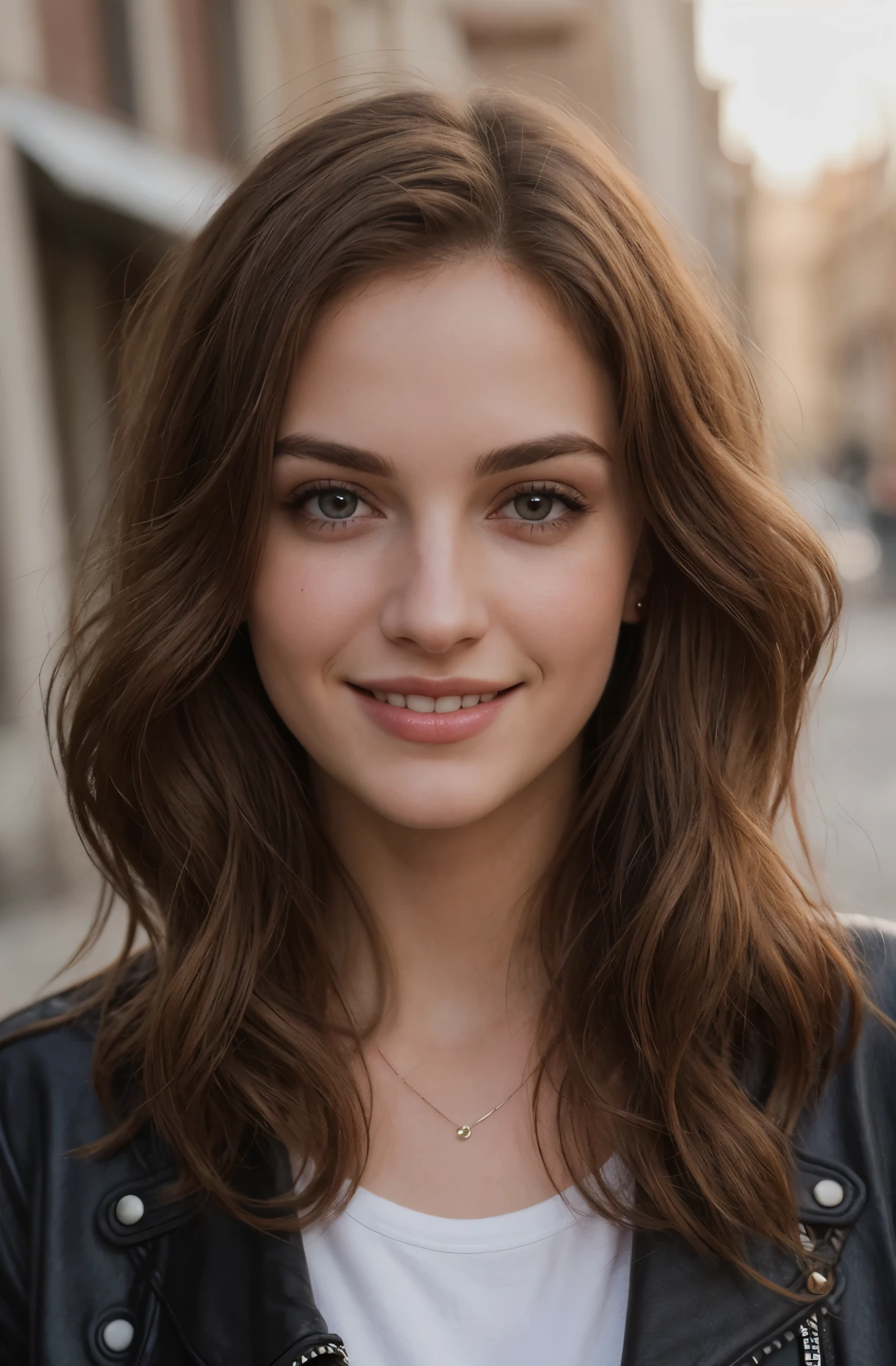 ((90's style)), ultra detailed photo of a beautiful woman with long hair, messy hair, wavy hair, brown hair, ultra detailed face, beautiful eyes with no makup, wearing leather jacket, cute sexy, standing in street, she smiled faintly and bowed her head, letting a lock of hair fall over one eye, deep shadows, rim light, warm natural colors, vivid vintage colors