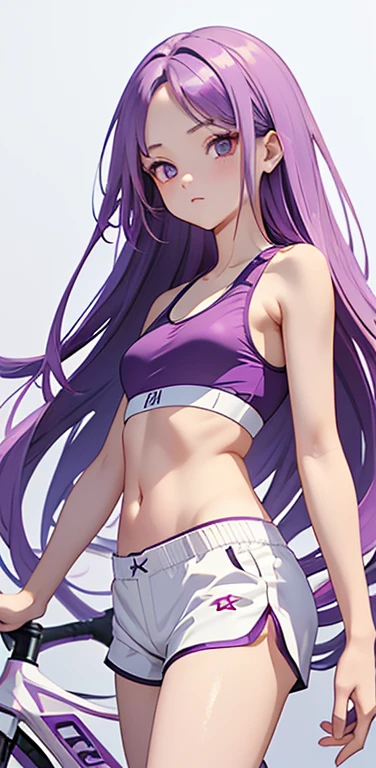 (8K、highest quality、masterpiece:1.2)、anime coloring、super resolution、Realistic、(1girl) 、(purple gradient hair)、long straight hair,(red eyes)、(forehead:1.2),(face focus,cowboy shot),(white sports bra,white bike shorts:1.3)、(clear face:1.3),(cute face)、,small breasts,colorful gradient background