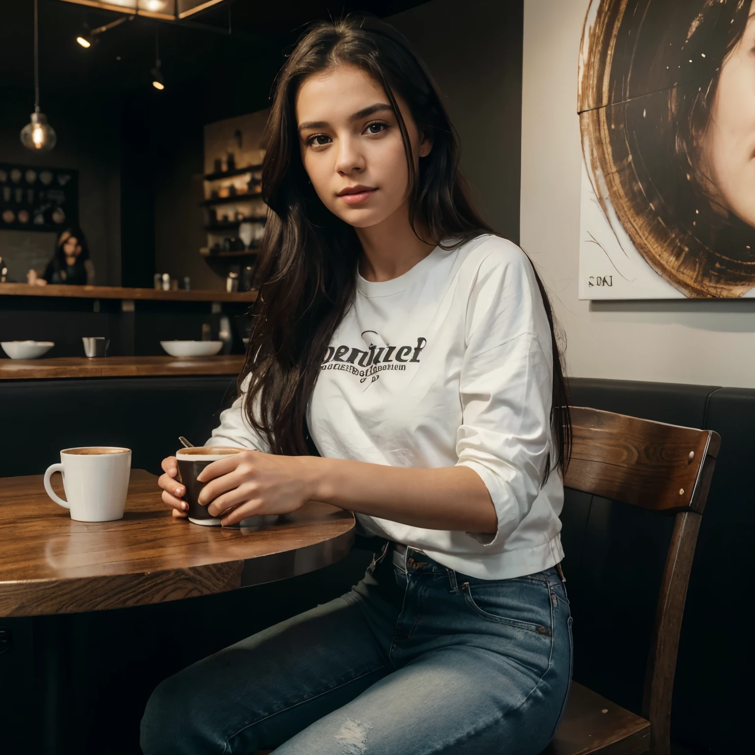 (8k, RAW photo, best quality, masterpiece: 1.2), (realistic, photorealistic: 1.37), 1 girl, sitting in a cafe, long hair, black hair, beautiful girl, European appearance, detailed face, realistic face, athletic figure, t-shirt, white t-shirt, jacket, black jacket, leather jacket, jeans, black jeans, food on table, realistic food, coffee, coffee on table, sitting at table, studio lighting, sitting at table, sitting at table with food, ultra realistic, black walls, dark interior, half body, upper body, girl at table