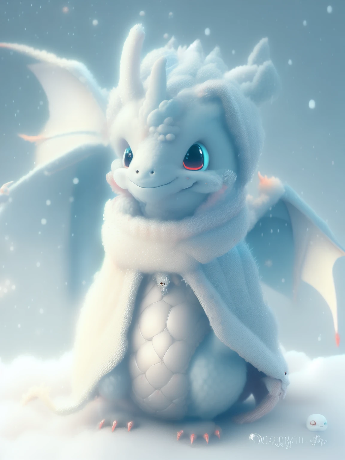 There is a red dragon,Wearing a red scarf and a red hat, Cute little dragon, A cute little red dragon, Lovely and detailed digital art, cute numbers, as an anthropomorphic dragon, frost dragon, Plush dragon, but as an anthropomorphic dragon, blue-red scales. playing in the snow, newly hatched dragon, anthropomorphic dragon