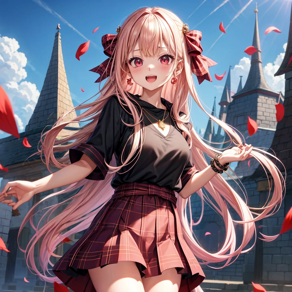 pink blonde、red eyes、one good looking girl、solo、anime、plaid mini skirt、black camisole、black t-shirt、dress、wearing a ribbon、ribbon at waist、cloak、hood、stone slabs are piled up、crystal earrings、monster castle、jewelry necklace、Light and shadow、walking、clock、universe、vine plant、petal、tilting one's face、teeth are visible、spiral stage、fire spirit、book of magic、Kinmokusei