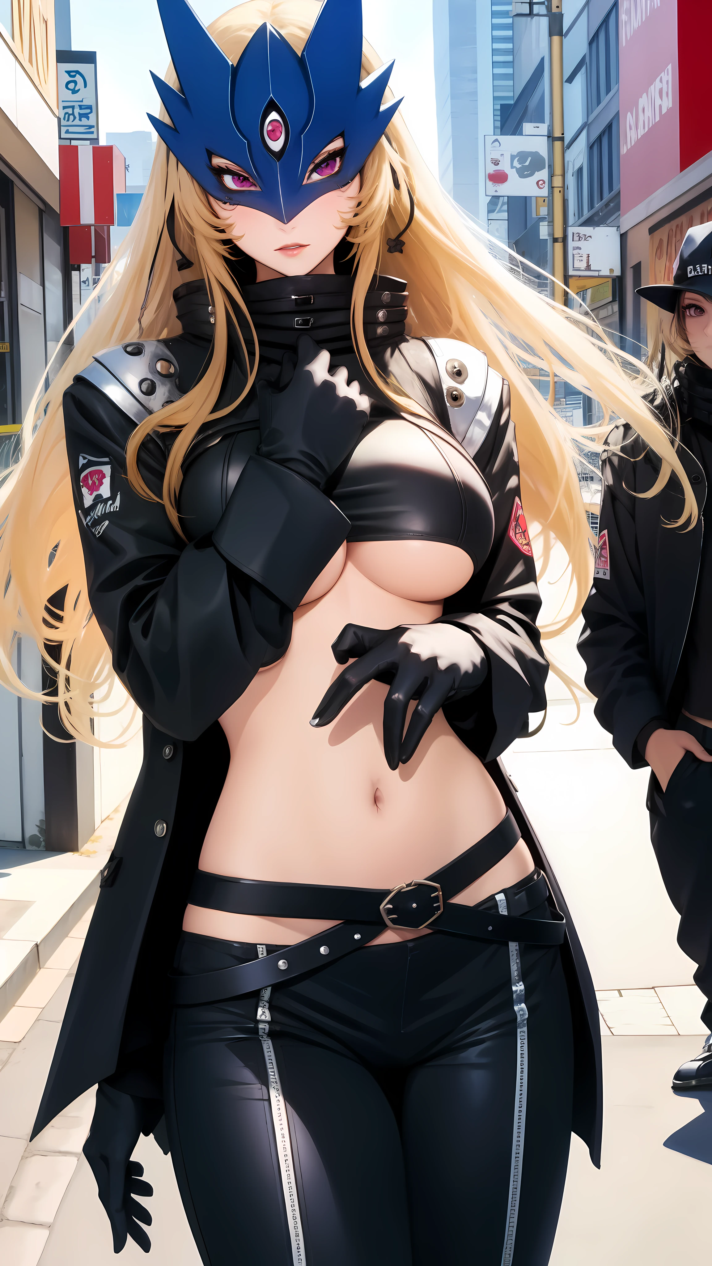 masterpiece, best quality, beautiful detailed eyes, beelstarmon, 1girl, solo, long hair, looking at viewer, large breasts, gloves, long sleeves, navel, standing, jacket, sidelocks, cowboy shot, open clothes, black gloves, midriff, belt, pants, city, street,  