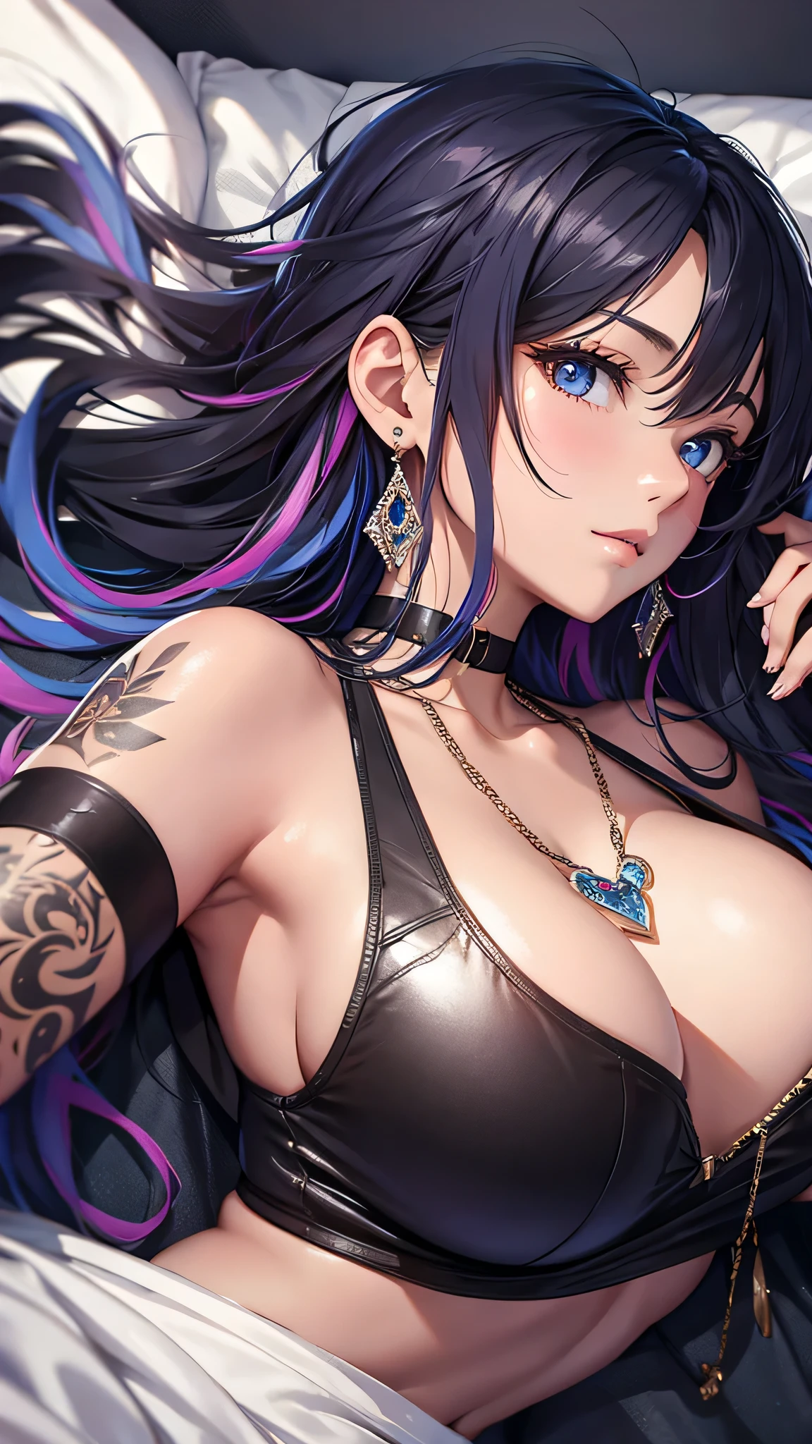 最high quality、best image quality、masterpiece、girl((20-year-old、 By becoming、vest bust、medium bust,wide open breast tea、shining eyes, neon hair、long hair、thin,highest valley、black tank top、blue pants、full body tattoo,diamond earrings、Wristband、necklace,sleep in bed,lie)),high quality、beautiful art、background((Beautiful hotel room))、Flight、debris flies、Depth of written boundary、movie、visual art、perfect art、8k,genuine、Top-down perspective