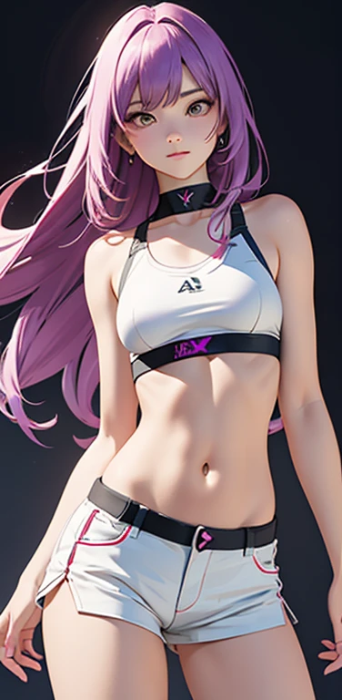 (8K、highest quality、masterpiece:1.2)、anime coloring、super resolution、Realistic、(1girl) 、(purple gradient hair)、long straight hair,(red eyes)、(forehead:1.2),(face focus,cowboy shot),(white sports bra,white bike shorts:1.3)、(clear face:1.3),(cute face)、,small breasts,colorful gradient background