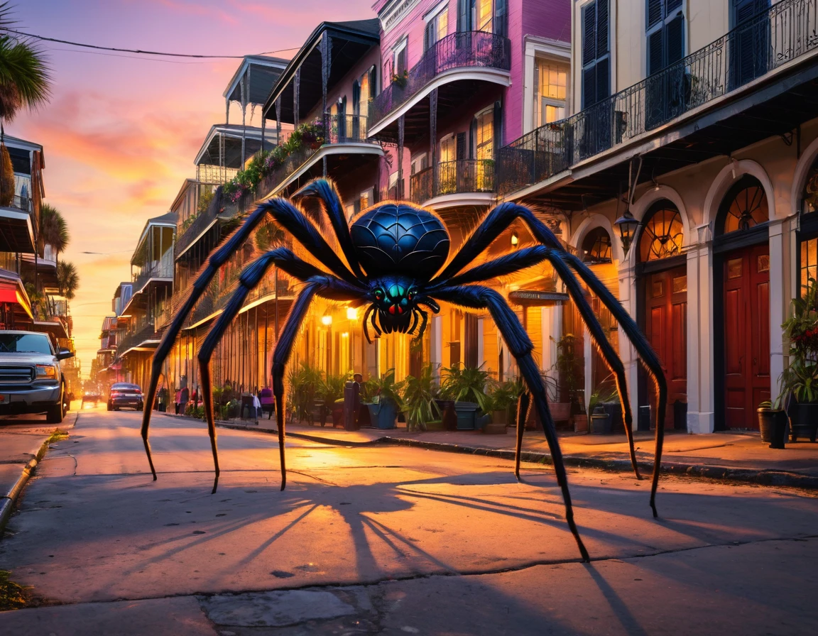A giant spider invades the streets of New Orleans, very detailed scene, sunset