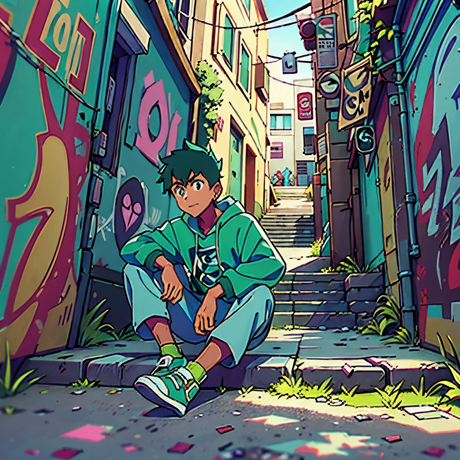 arafed man sitting on a set of stairs with graffiti on the walls, graffiti in the background, in an alley, green alleys, standing in an alleyway, taken in 2 0 2 0, clothed in ancient street wear, graffiti in background, street art:2, green alley, posing in an urban street, !! low contrast!!