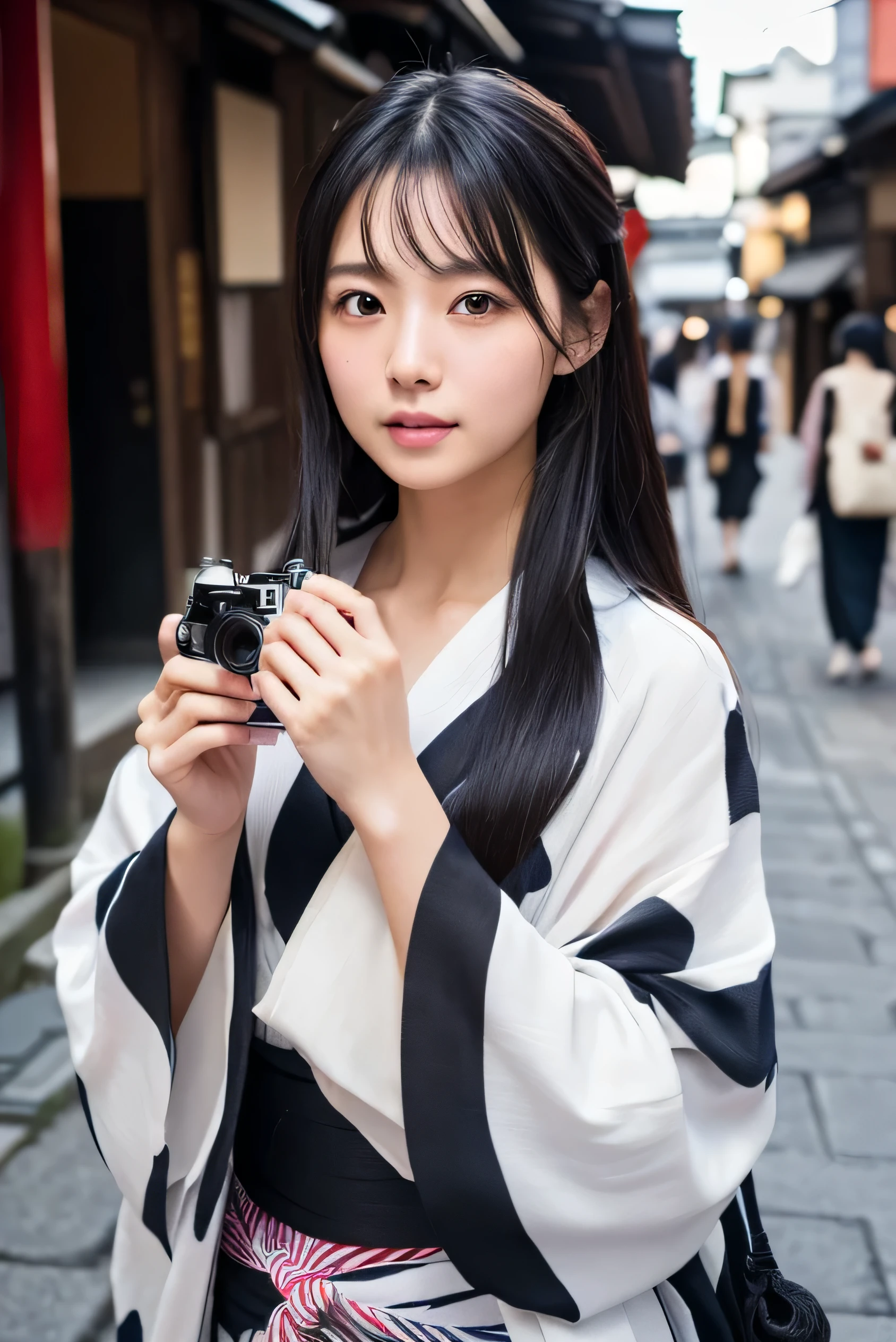 (8k、RAW photo、highest quality、masterpiece:1.2)、High-definition RAW color photo、professional photos、Japanese、Beautiful woman、black hair、long hair、(genuine、写真genuine:1.37)(((highest quality))),adult woman,cinematic light,(final details face:1.2)(masterpiece:1.2),(highest quality:1.2), , In the streets of Kyoto, (yukata: 1.2))