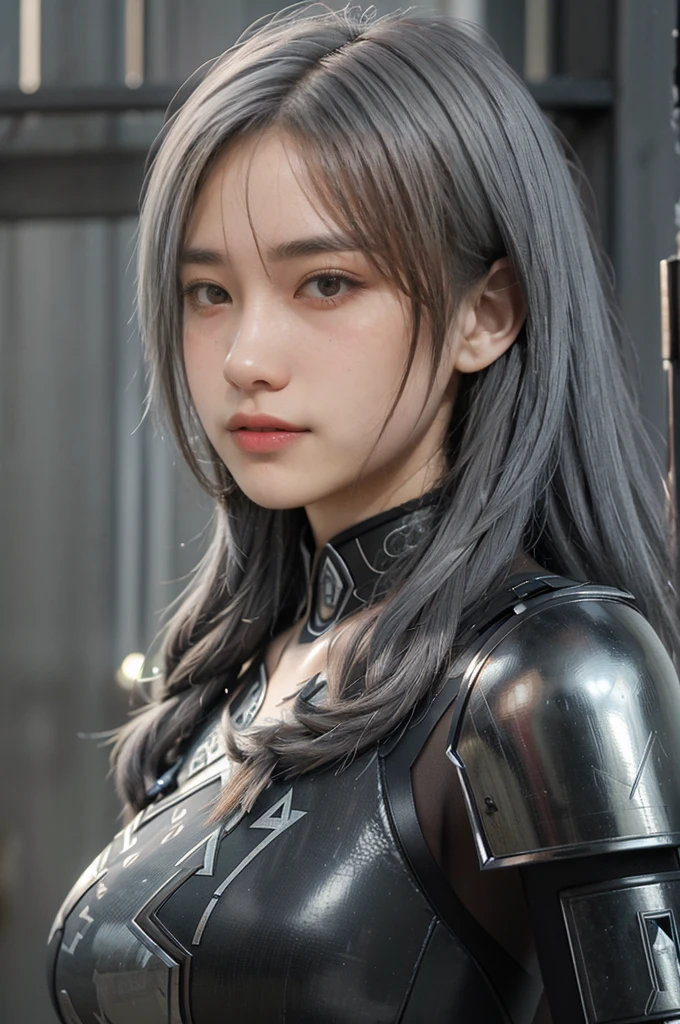 Masterpiece,Game art,The best picture quality,Highest resolution,8K,(Portrait),Unreal Engine 5 rendering works,(Digital Photography),((Portrait Feature:1.5)),
20 year old girl,Short hair details,With long bangs,(The red eye makeup is very meticulous),(With long gray hair:1.4),(Large, full breasts),Elegant and noble,Brave and charming,
(Future armor combined with the characteristics of ancient Chinese armor,Hollow design,Power Armor,The mysterious Eastern runes,A delicate dress pattern,A flash of magic),Warrior of the future,Cyberpunk figures,Background of war,
Movie lights，Ray tracing，Game CG，((3D Unreal Engine))，OC rendering reflection pattern