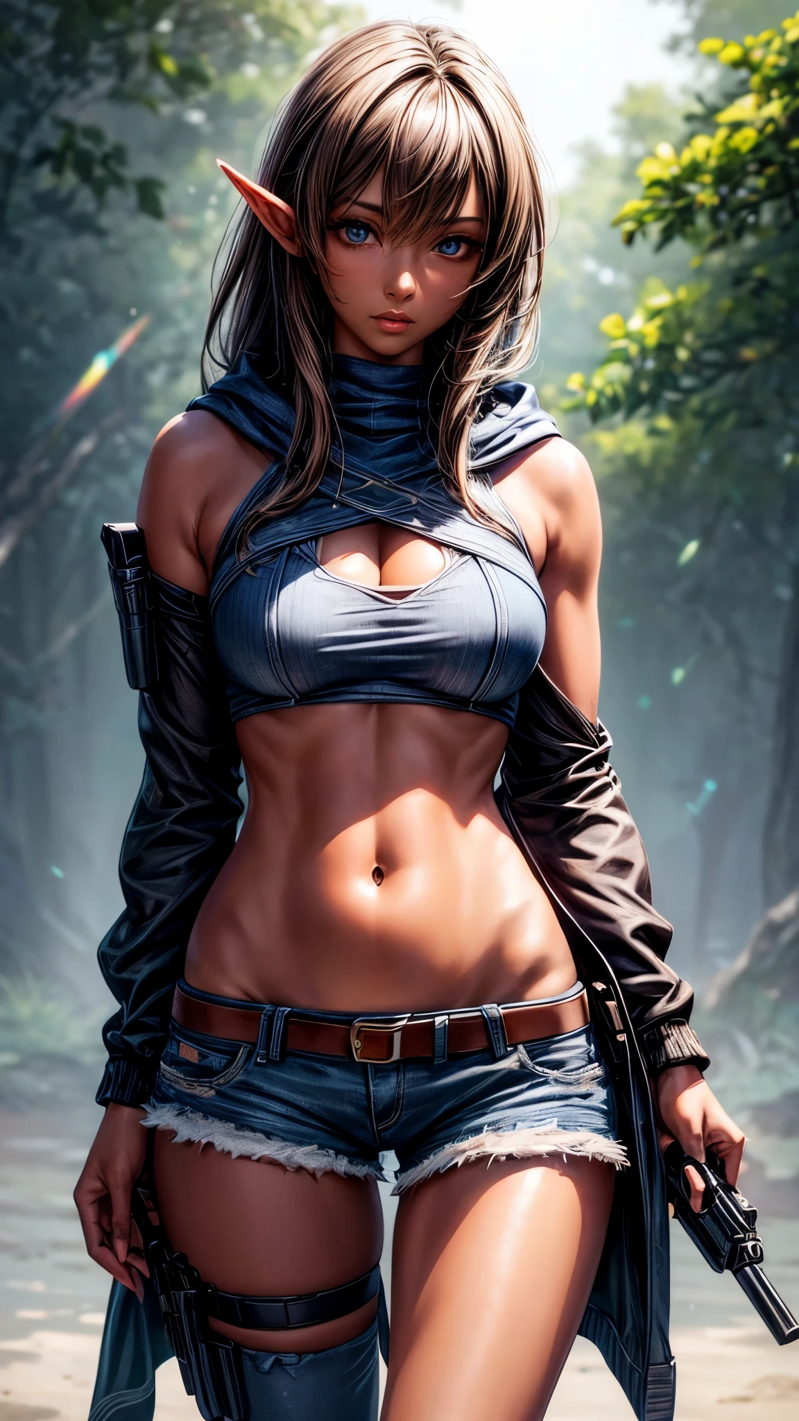 masterpiece, 最high quality, high quality, High resolution, high quality texture, high quality shadow, high detail, beautiful details, Detailed, Very detailed CG, Detailedテクスチャー, a realistic representation of the face, realistic, colorful , delicate, cinematic light, side light, Lens flare, ray tracing,tailed beautiful delicate face, detailed beautiful delicate eyes,dark elf　((((brown skin))))　long hair　beautiful eyes　beautiful lips　gray hoodie　denim shorts　I can see the belly button　night forest　holster on leg　hand gun　m92f