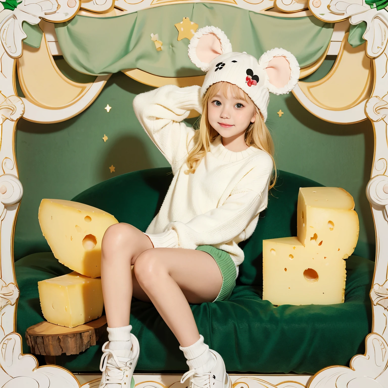 Q version anime character little girl，Wearing Mickey Mouse Ears Children&#39;s Sweater，There are mouse ears on the sweater hat，Blonde hair with green eyes，There is a piece of cheese next to your feet