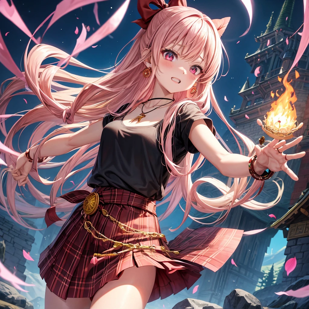 pink blonde、red eyes、one good looking girl、solo、anime、plaid mini skirt、black camisole、black t-shirt、dress、wearing a ribbon、ribbon at waist、cloak、hood、stone slabs are piled up、crystal earrings、monster castle、jewelry necklace、Light and shadow、walking、clock、universe、vine plant、petal、tilting one&#39;s face、teeth are visible、spiral stage、fire spirit、book of magic、Kinmokusei