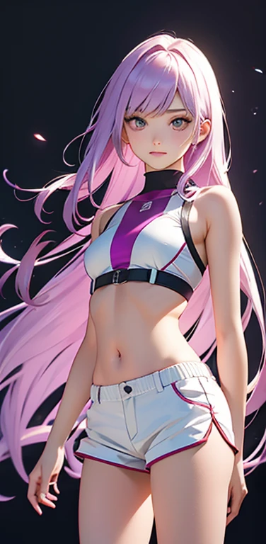 (8K、highest quality、masterpiece:1.2)、anime coloring、super resolution、Realistic、(1girl)  、(purple gradient hair)、long straight hair,(red eyes)、(forehead:1.2),(face focus,cowboy shot),(white sports bra,white bike shorts:1.3)、(clear face:1.3),(cute face)、,small breasts,colorful gradient background