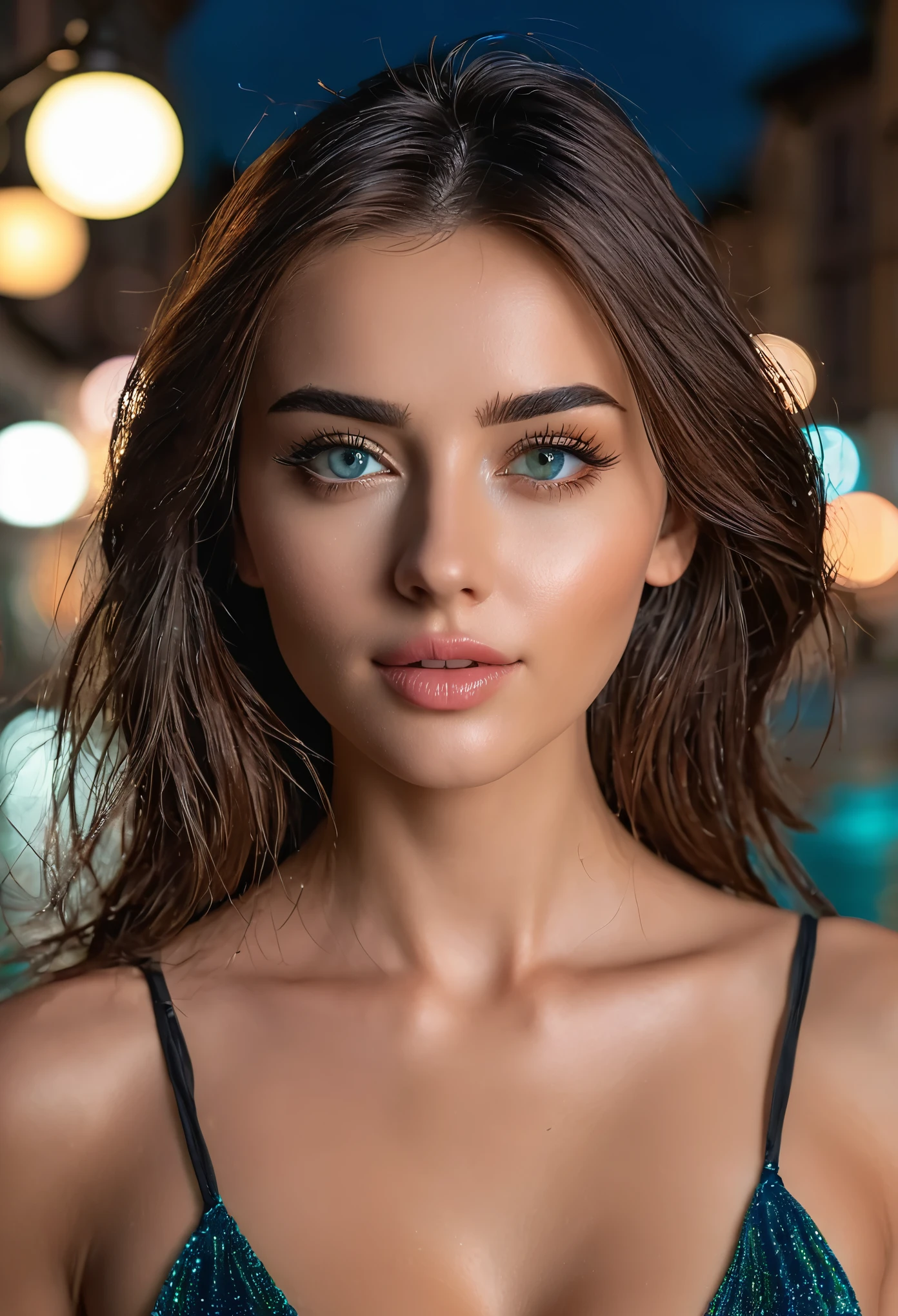 ((realistische Beleuchtung, best quality, 8K, Meisterwerk: 1.3)), Fokus: 1.2, 1girl, Perfect body beauty: 1.4, Slim Abs: 1.1, ((dunkelbraunes Haar)), (Aquakleid: 1.4), (Draussen, Nacht: 1.1), City street, super beautiful face, Feine Augen, Doppelte Augenlider,