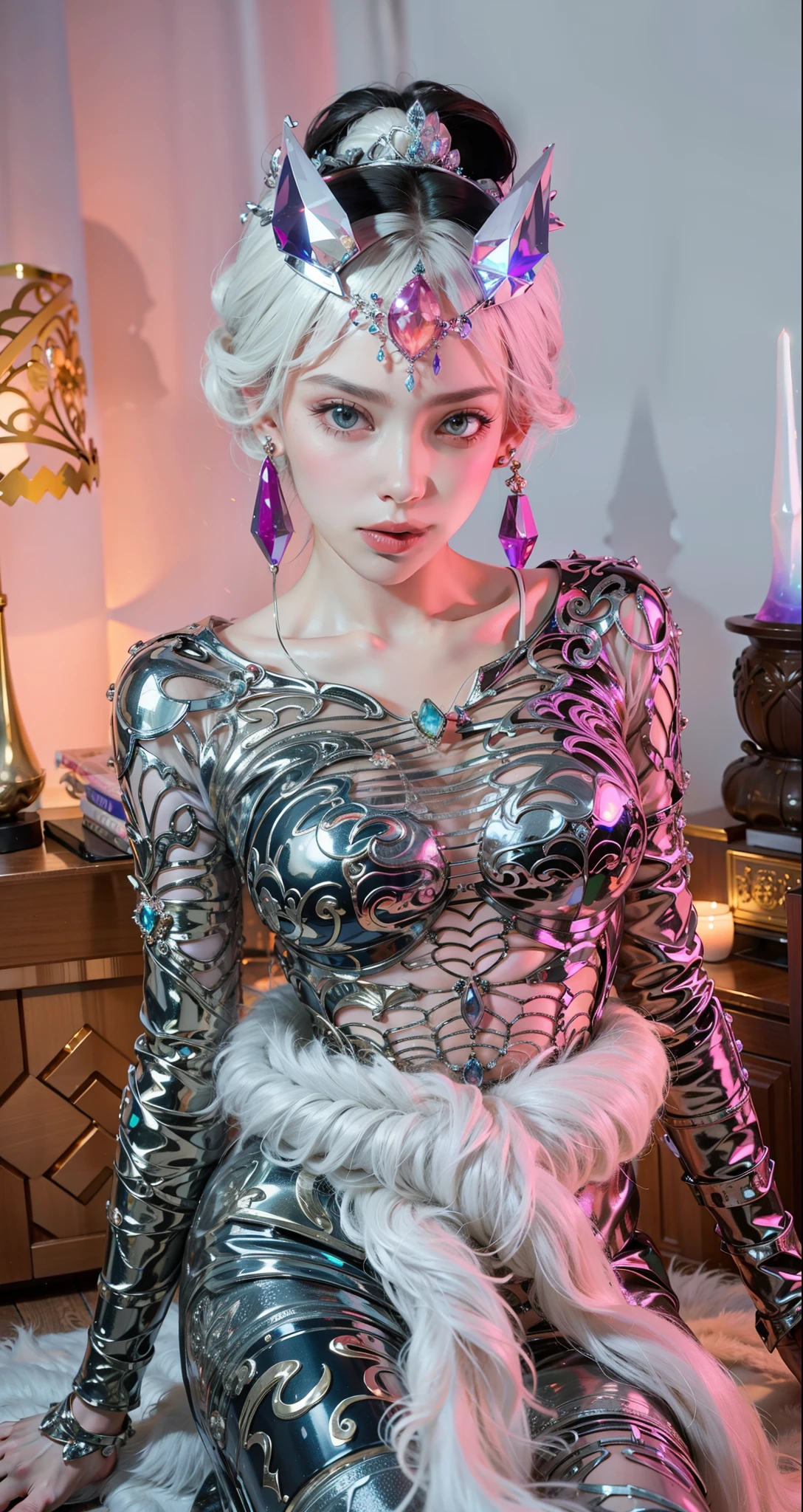 Royal sister,exquisite eyes,ice queen,put the crown on your head,Detailed facial expressions body,tall figure,Gorgeous,Leg length,4k,HD,Sensual,translucent lace,白皙plump figure,pretty face,Little cherry mouth,beautiful and delicious(3D royal sister),plump figure,gloss gel coat,Queen in luxurious dress,crystal gem decoration,Angel of light in armor,Thermal tights,white fur,Wear a helmet
