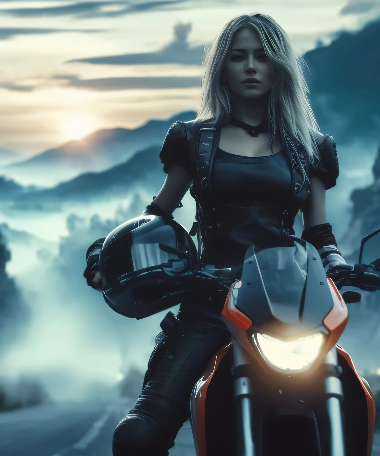 blond woman in leather outfit sitting on motorcycle on road with mountains in background, motorbiker, motorcycle, picture of a female biker, riding a motorcycle, motorcycles, sitting on a cyberpunk bike, Looks terrible, terrible anime 8k, biker, sitting on a motorcycle, riding a futuristic motorcycle, riding on the road, cinematic 4k wallpaper, cinematic 4k wallpaper, Lone Rider