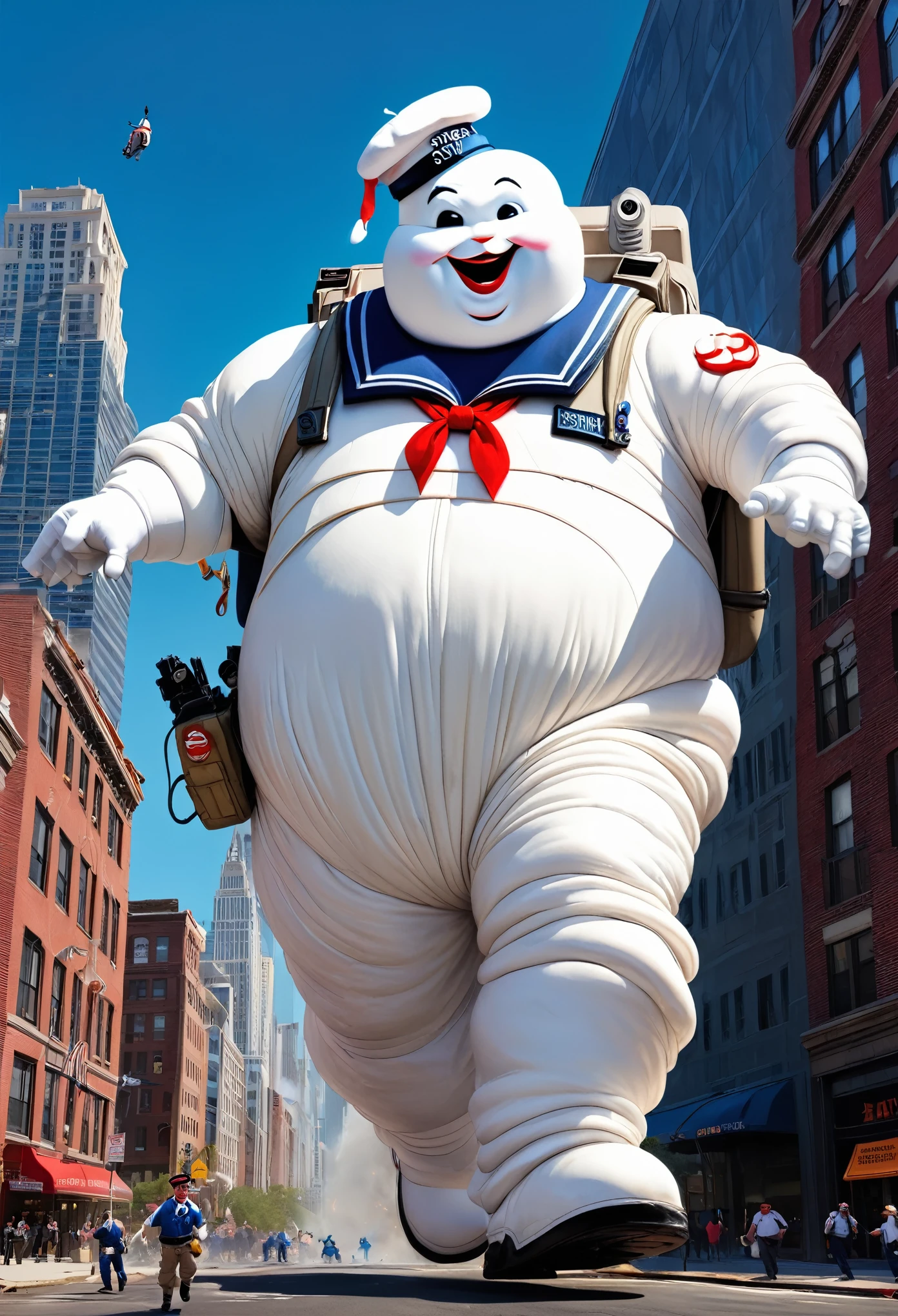 Giant creature, huge Ghostbuster's pin man, huge, white, dressed in a sailor's outfit with a blue collar, red kerchief and a cap with the words "stay puft", walks between the buildings of the city, destroying the building, smashing cars, small people runnig back from him,  a scene from Ghostbuster, realistic, lots of detail, 