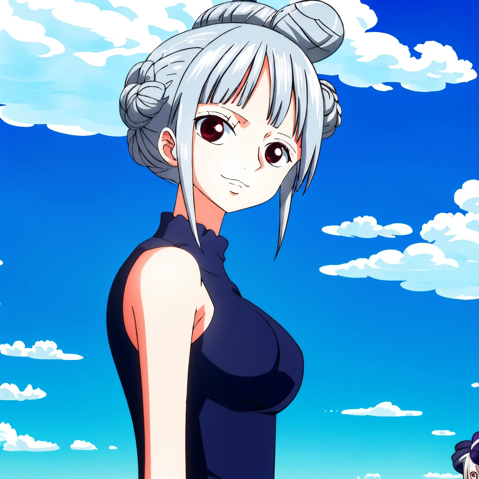  girl, silver hair tied in two buns and red eyes