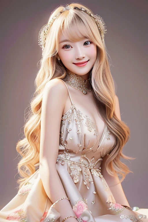 smile, colorless background, , , straight hair, long hair, , ,bangs, (beautiful and detailed face), (detailed and beautiful eyes), whole body、dress、luxury fabric、、super delicate、super beauty,long hair、positive、super beauty、漢服ピンクdress、palace、blonde hair、ロリータdress、 Waiting to start、高級なdress、high resolution、3D,4D、