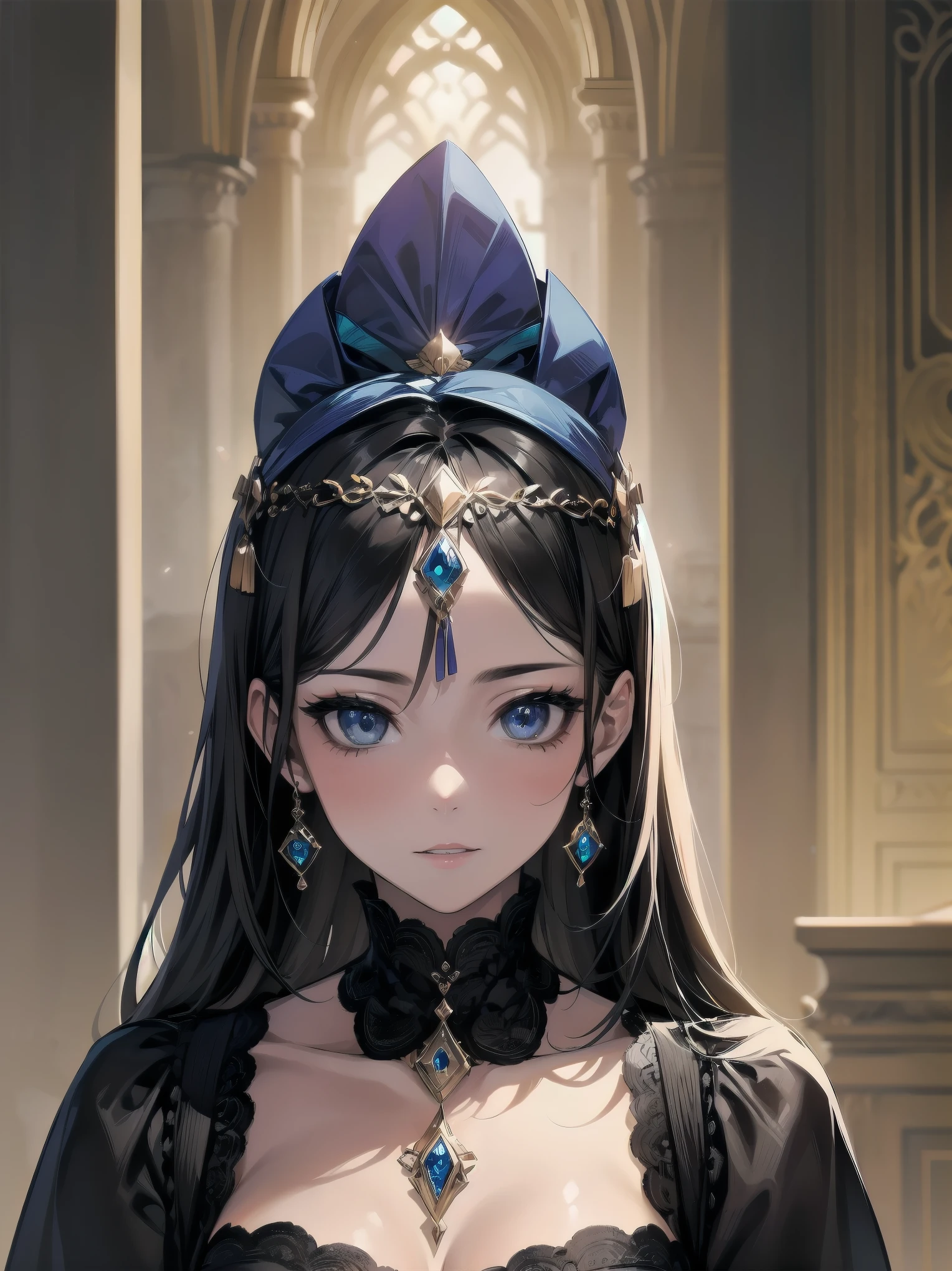 Inside unimaginable ancient ruins、In a corner where a mysterious light shines in、A neat and beautiful girl is standing。her perfect face、It is further highlighted by the artistic shading effect.。Her costume is drawn with realistic materials and textures.、in harmony with ancient ornaments、Carefully expressed down to the smallest detail。The girl is、He is staring at me with a sly gesture.、That moment is as dynamic as a scene from a movie.。This illustration、The design brings out the cuteness of the main heroine to the fullest.、High quality and extremely detailed。