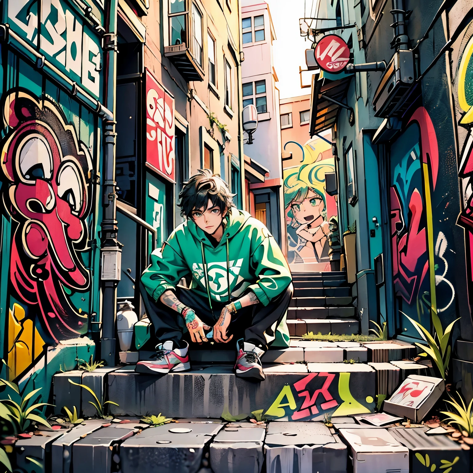 arafed man sitting on a set of stairs with graffiti on the walls, graffiti in the background, in an alley, green alleys, standing in an alleyway, taken in 2 0 2 0, clothed in ancient street wear, graffiti in background, street art:2, green alley, posing in an urban street, !! low contrast!!