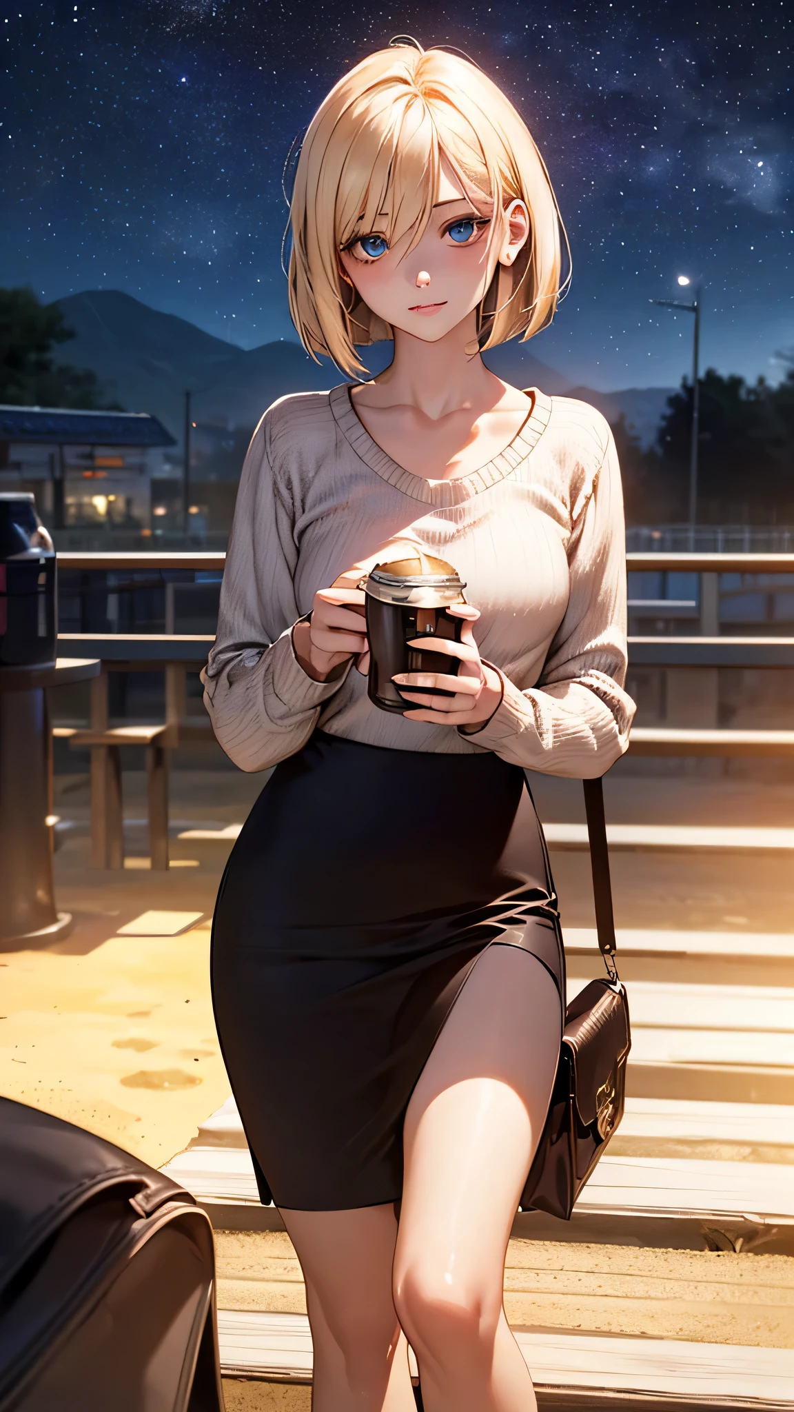 (masterpiece:1.2, highest quality), (realistic, photorealistic:1.4), beautiful illustrations, (natural side lighting, movie lighting),  
 1 girl,  、perfect face, Cute symmetrical face, shiny skin, 
shiny skin, (blonde、one length bob:1.3)、Bob Wanlen、blue eyes、hair between eyes, slanted eyes, long eyelashes, Medium chest, thin,  knit sweater、pencil skirt、black bag beautiful hair, beautiful face, thin and beautiful eyes, beautiful clavicle, beautiful body, beautiful breasts, beautiful thighs, beautiful feet, beautiful fingers, 
((station platform、canned coffee)), starry sky,  head tilt,