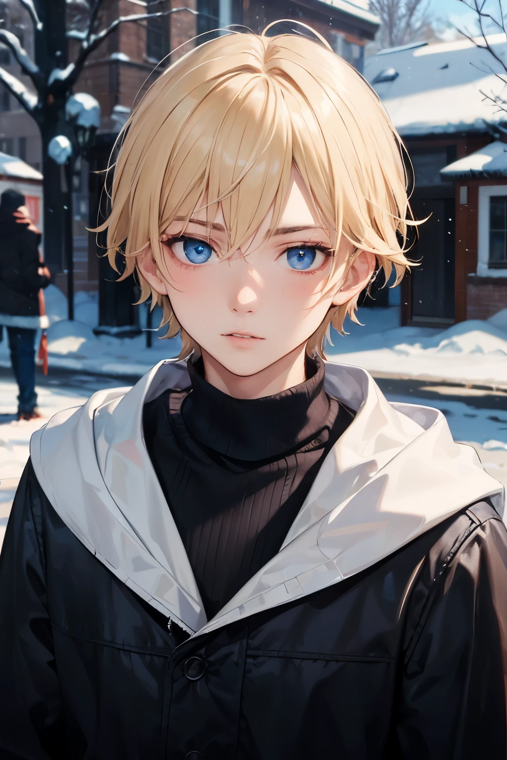 Portrait of a beautiful European boy,alone,16 years,beautiful face,medium curl cut, blonde hair, sharp focus,snow day,cold,long sleeve,long term,boy,from the front,facing forward,Upper body,look at me,blue eyes,