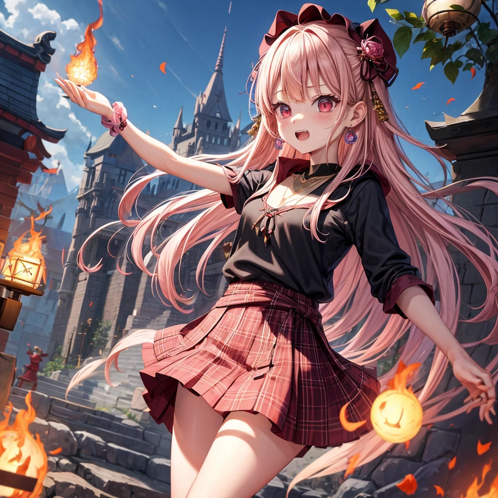 pink blonde、red eyes、one good looking girl、solo、anime、plaid mini skirt、black camisole、black t-shirt、dress、wearing a ribbon、ribbon at waist、cloak、hood、stone slabs are piled up、crystal earrings、monster castle、jewelry necklace、Light and shadow、walking、clock、universe、vine plant、petal、tilting one's face、teeth are visible、spiral stage、fire spirit、book of magic、Kinmokusei
