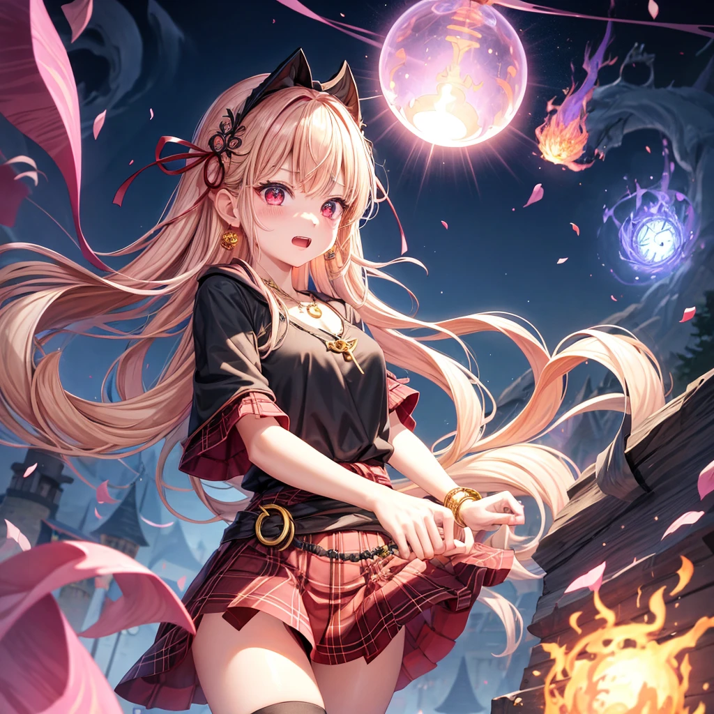pink blonde、red eyes、one good looking girl、solo、anime、plaid mini skirt、black camisole、black t-shirt、dress、wearing a ribbon、ribbon at waist、cloak、hood、stone slabs are piled up、crystal earrings、monster castle、jewelry necklace、Light and shadow、walking、clock、universe、vine plant、petal、tilting one's face、teeth are visible、spiral stage、fire spirit、book of magic、Kinmokusei