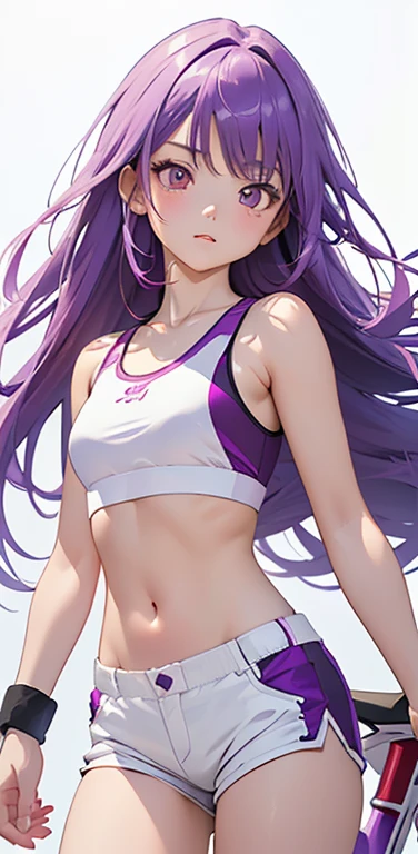 (8K、highest quality、masterpiece:1.2)、anime coloring、super resolution、Realistic、(1girl) 、(purple gradient hair)、long straight hair,(red eyes)、(forehead:1.2),(face focus,cowboy shot),(white sports bra,white bike shorts:1.3)、(clear face:1.3),(cute face)、,small breasts,colorful gradient background