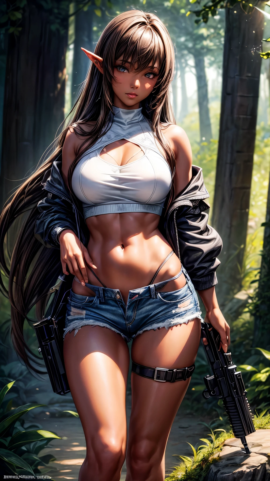 Beautiful dark haired young girl, lying back on a bed, camera view above her looking down, wearing tight denim jeans with holes with ((wide gun belts)), long flowing hair, white tee short with large , (eyes wide, mouth open in a moan), masterpiece, photo realistic, high resolution
