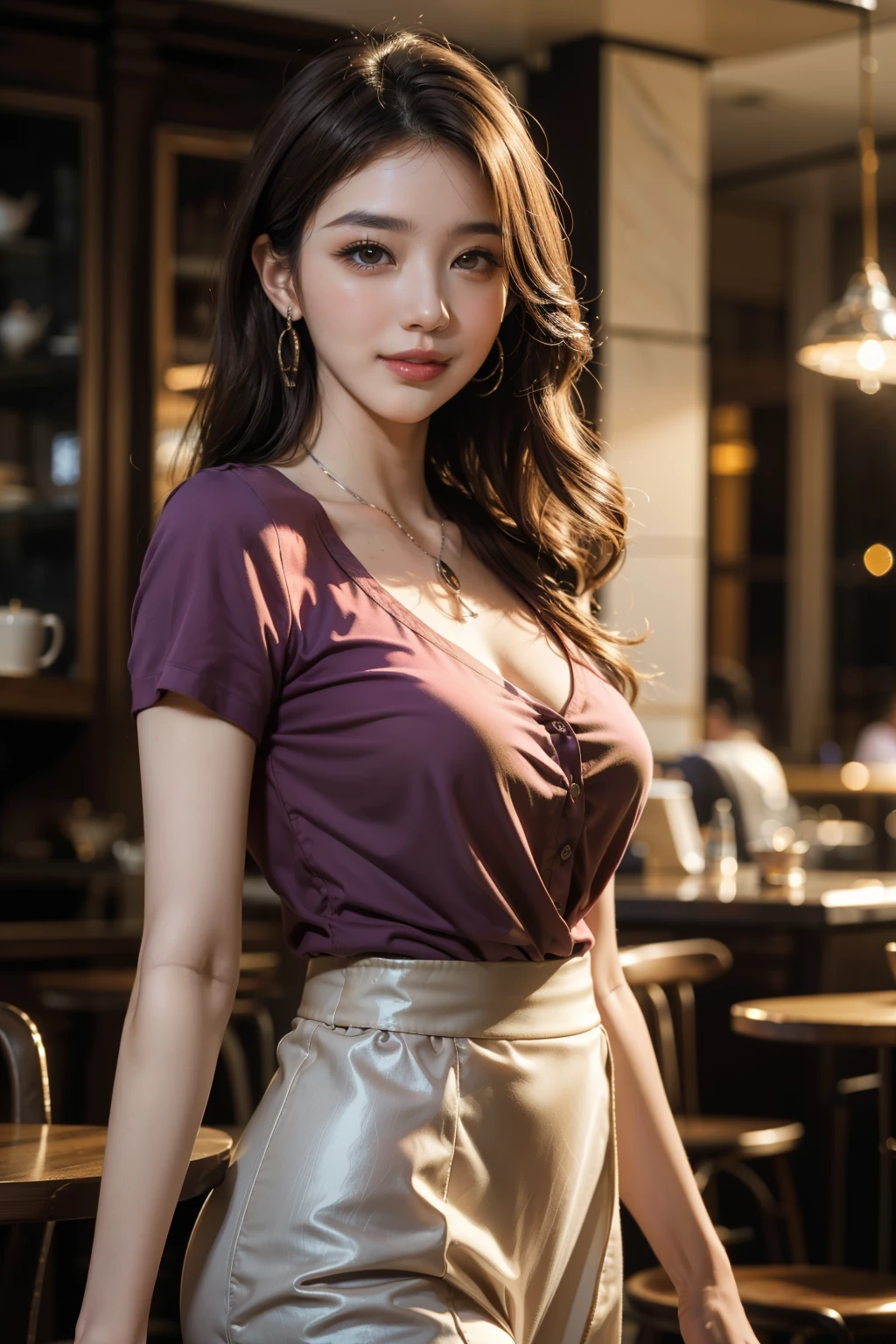(best quality, 8k,32k,masterpiece, UHD:1.2),extremely detailed CG unity 8k wallpaper,intricate details,Raw photo,(photorealistic:1.4),atmosphere,ultra high res,Realistic,Real,Huge_filesize,incredibly absurdres,(centered:1.3),Ultra illustration,(ultra-detailed),cinematic lighting,various colors,depth of field,art by krenz cushart,golden hour lighting,taken by Canon EOS,SIGMA Art Lens 35mm F1.4,ISO 200 Shutter Speed 2000,blurry background,
BREAK,
1girl,(smile:1.3),slim body,(long hair:1.4),solo,20-year-old Japanese beautiful woman,(Cafe purple shirt:1.5),(brown hair:1.5),((brown eyes)),Large breasts,chest, Soft white skin that shines with every detail,pale skin,Very beautiful face,Very well-formed face,Natural and realistic face,Best,beautiful detailed eyes,striking eyes,Eyes drawn in detail, smile with your mouth closed,Detailed mouth,Detailed lips,shiny beautiful lips,Glossy lips,simple earrings,necklace,jewelry, solo focus,low neckline,
BREAK,
Back lighting,kool,Standing,
BREAK,
(Dutch angle:1.4),cowboy shot,looking at viewer,
BREAK,tzuyu,yui aragaki,