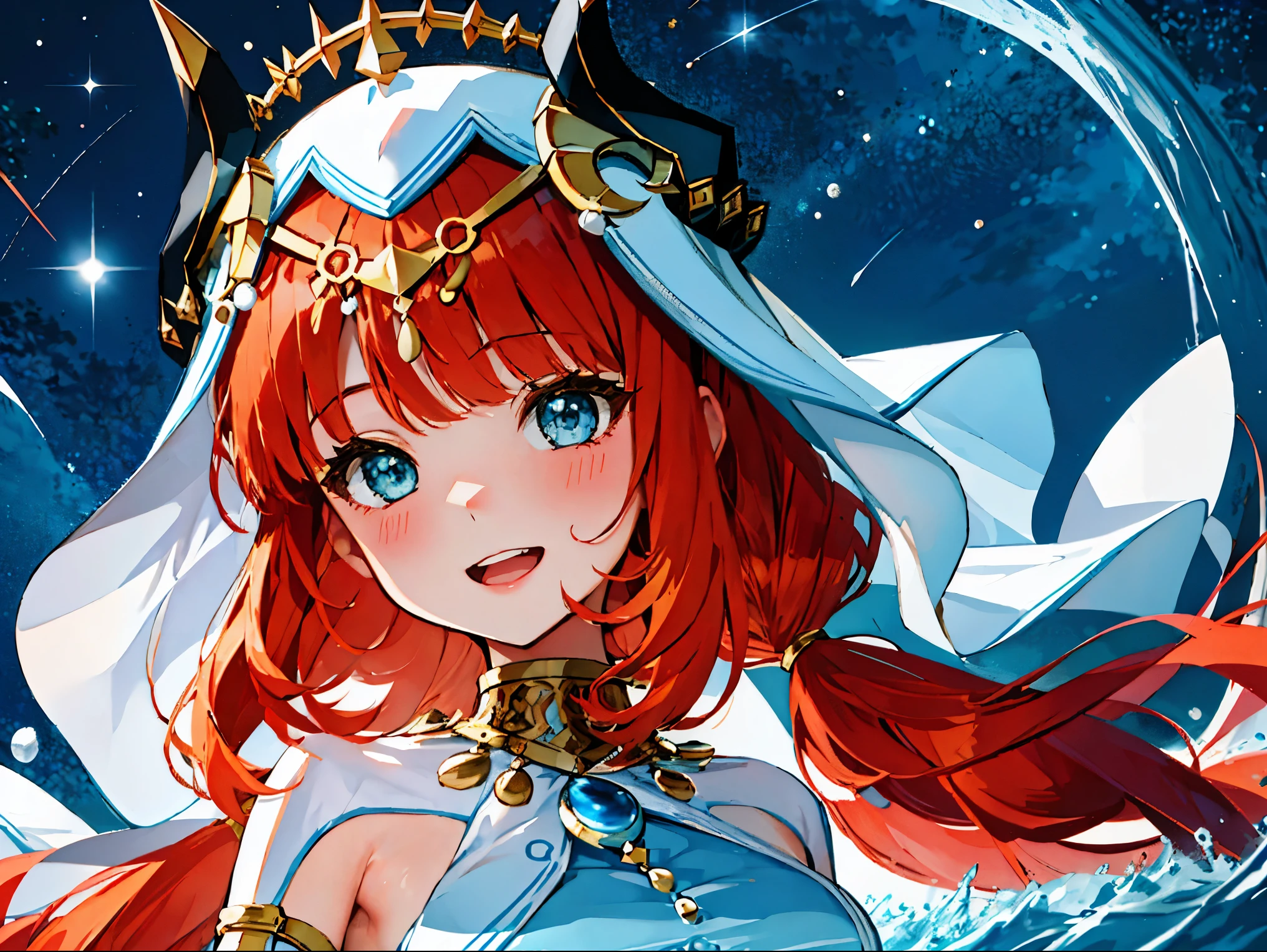 very detailed expression，high quality，16k、8k、High level image quality、masterpiece、1 girl、keep your mouth wide open、Please smile big、beautiful teeth,Look up at the starry sky,floating on the water surface,floating on water,stars shining on the water surface,calm water surface,white dress,redhead