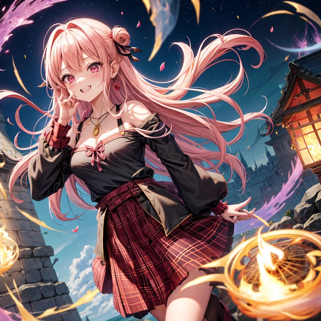 pink blonde、red eyes、one good looking girl、solo、anime、plaid mini skirt、black camisole、black t-shirt、dress、wearing a ribbon、ribbon at waist、cloak、hood、stone slabs are piled up、crystal earrings、monster castle、jewelry necklace、Light and shadow、walking、clock、universe、vine plant、petal、tilting one's face、teeth are visible、spiral stage、fire spirit、book of magic、Kinmokusei
