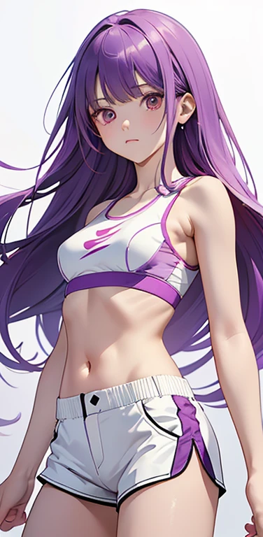 (8K、highest quality、masterpiece:1.2)、anime coloring、super resolution、Realistic、(1girl) 、(purple gradient hair)、long straight hair,(red eyes)、(forehead:1.2),(face focus,cowboy shot),(white sports bra,white bike shorts:1.3)、(clear face:1.3),(cute face)、,(small breasts).gradient background