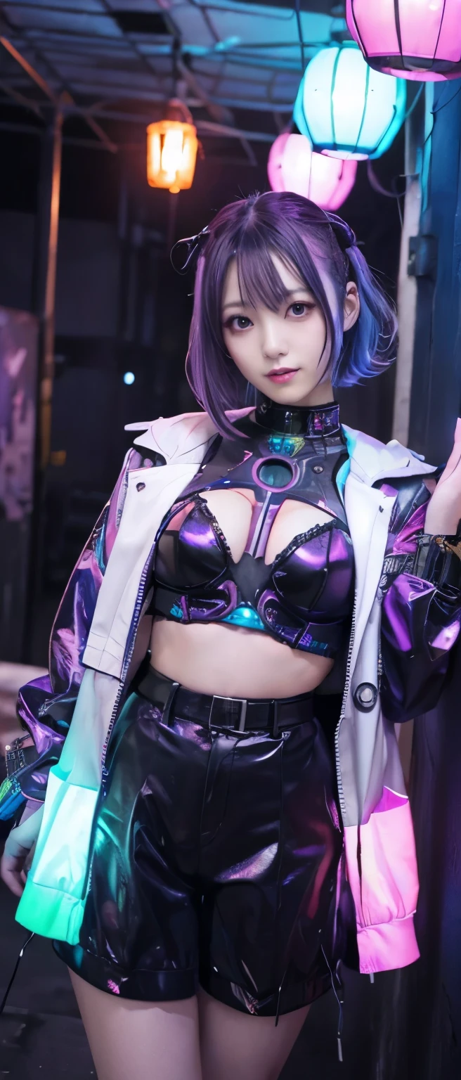 cyber horror idol、whole body、good style、、Cyberpunk Chlorita Fashion、full of colorful lights、Glowing cyber haunted house、colorful hair