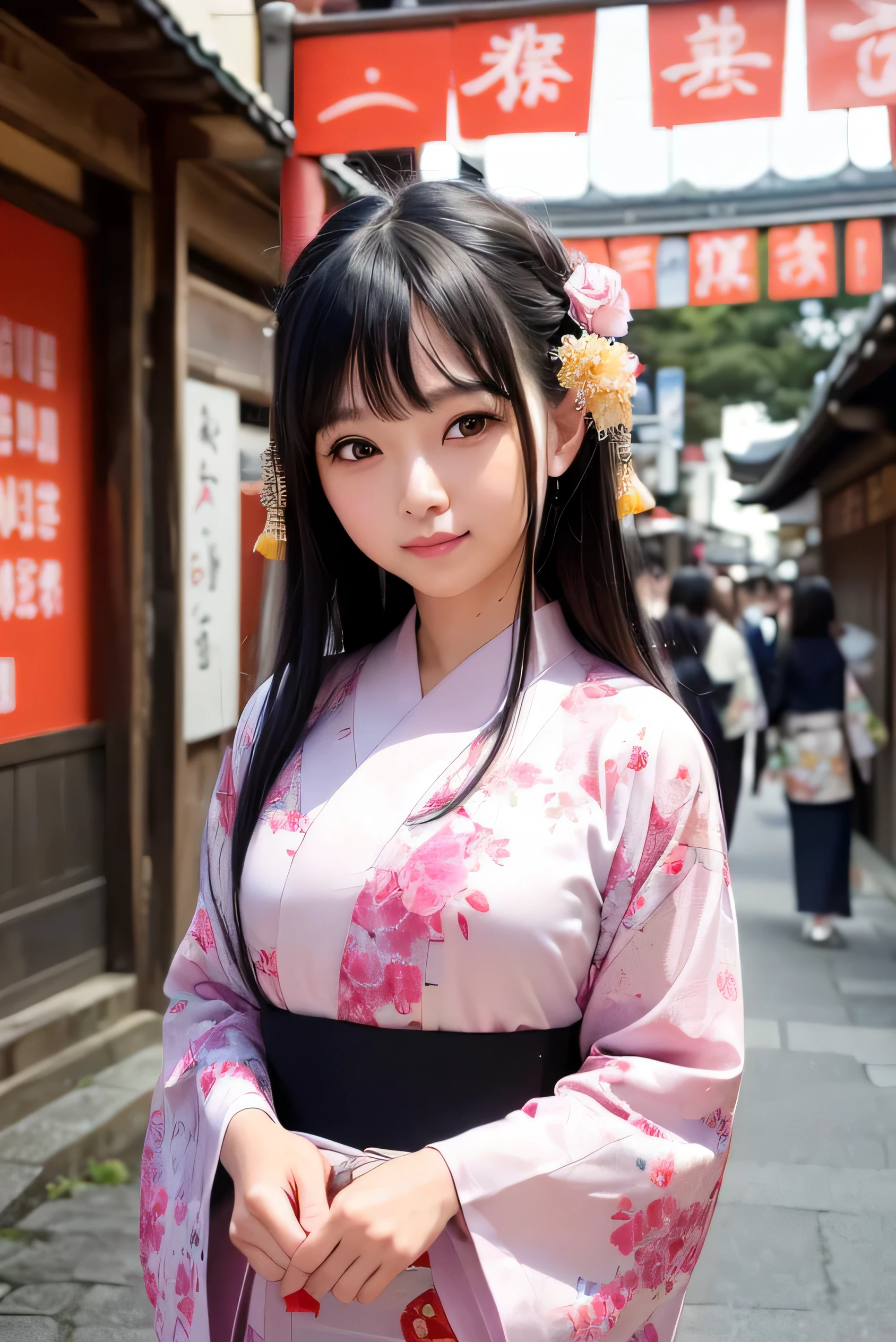 (8k、RAW photo、highest quality、masterpiece:1.2)、High-definition RAW color photo、professional photos、Japanese、Beautiful woman、black hair、long hair、(genuine、Photo geneuine:1.37)(((highest quality))),25 year old woman,cinematic light,(final details face:1.2)(masterpiece:1.2),(highest quality:1.2), (smile:1.2）, In the streets of Kyoto, (yukata: 1.2))