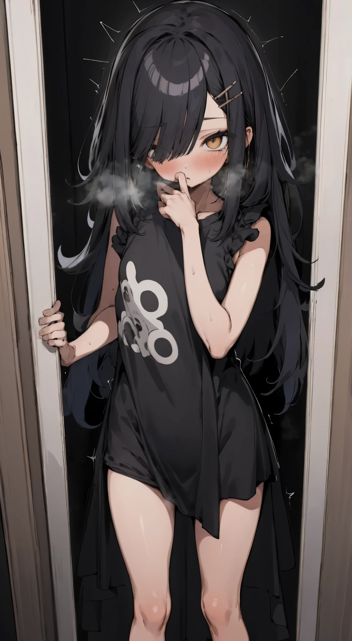 NSFW,(1 mujer and 1man,teniendo sexo),de pie_misionero,(pene vaginal),anime de alta calidad,1 mujer,solo,20 year old beauty、pelo negro,pelo largo,flequillo contundente,ojos negros,lloroso,boca abierta,babeando,cuerpo delgado, Ideal Proportion Body Proportions.,pechos medianos,Ropa desgarrada、Camiseta sin mangas negra、El ombligo es visible、micro tanding cuero negro,piernas abiertas,sudor,A room full of cardboard、Inside the warehouse、Puerto comercial、tokio、