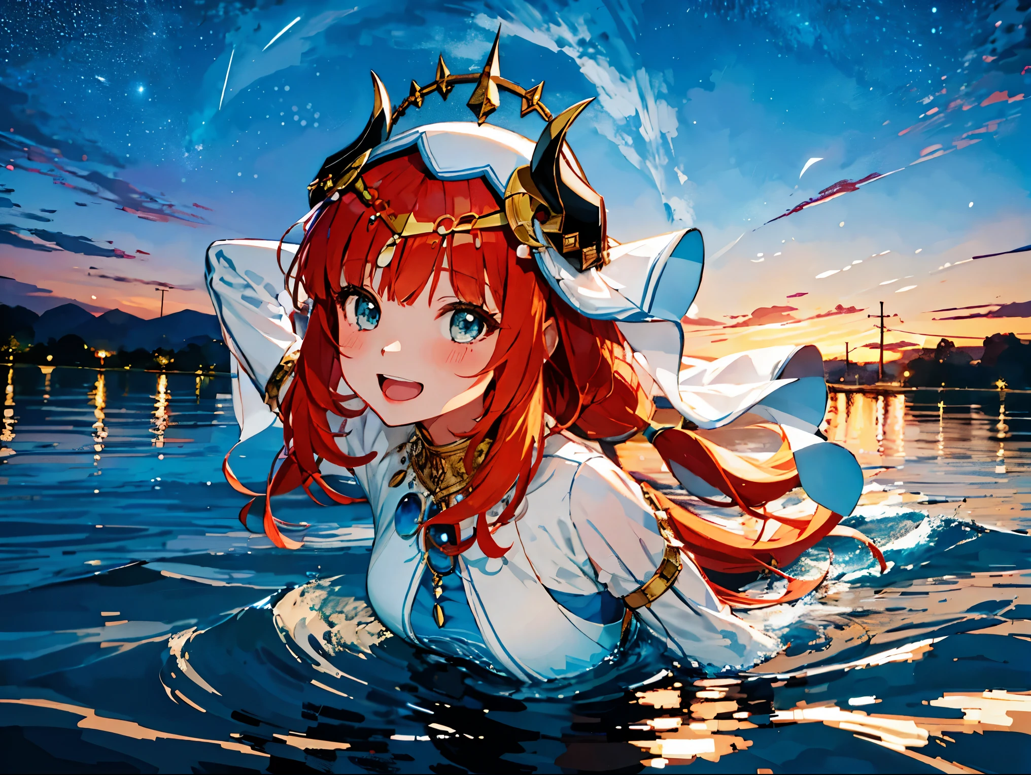 very detailed expression，high quality，16k、8k、High level image quality、masterpiece、1 girl、keep your mouth wide open、Please smile big、beautiful teeth,Look up at the starry sky,floating on the water surface,floating on water,stars shining on the water surface,calm water surface,white dress,redhead