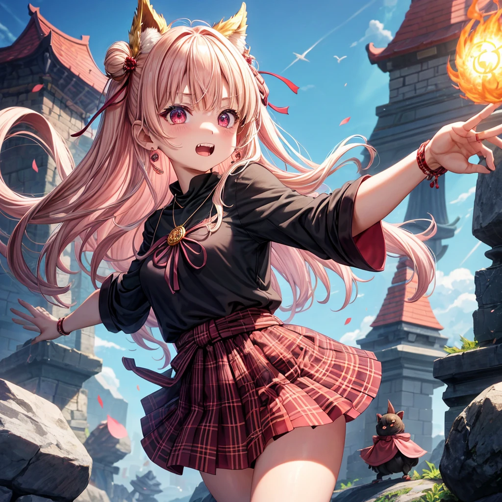 pink blonde、red eyes、one good looking girl、solo、anime、plaid mini skirt、black camisole、black t-shirt、dress、wearing a ribbon、ribbon at waist、cloak、hood、stone slabs are piled up、crystal earrings、monster castle、jewelry necklace、Light and shadow、walking、clock、universe、vine plant、petal、tilting one's face、teeth are visible、spiral stage、fire spirit、book of magic、Kinmokusei