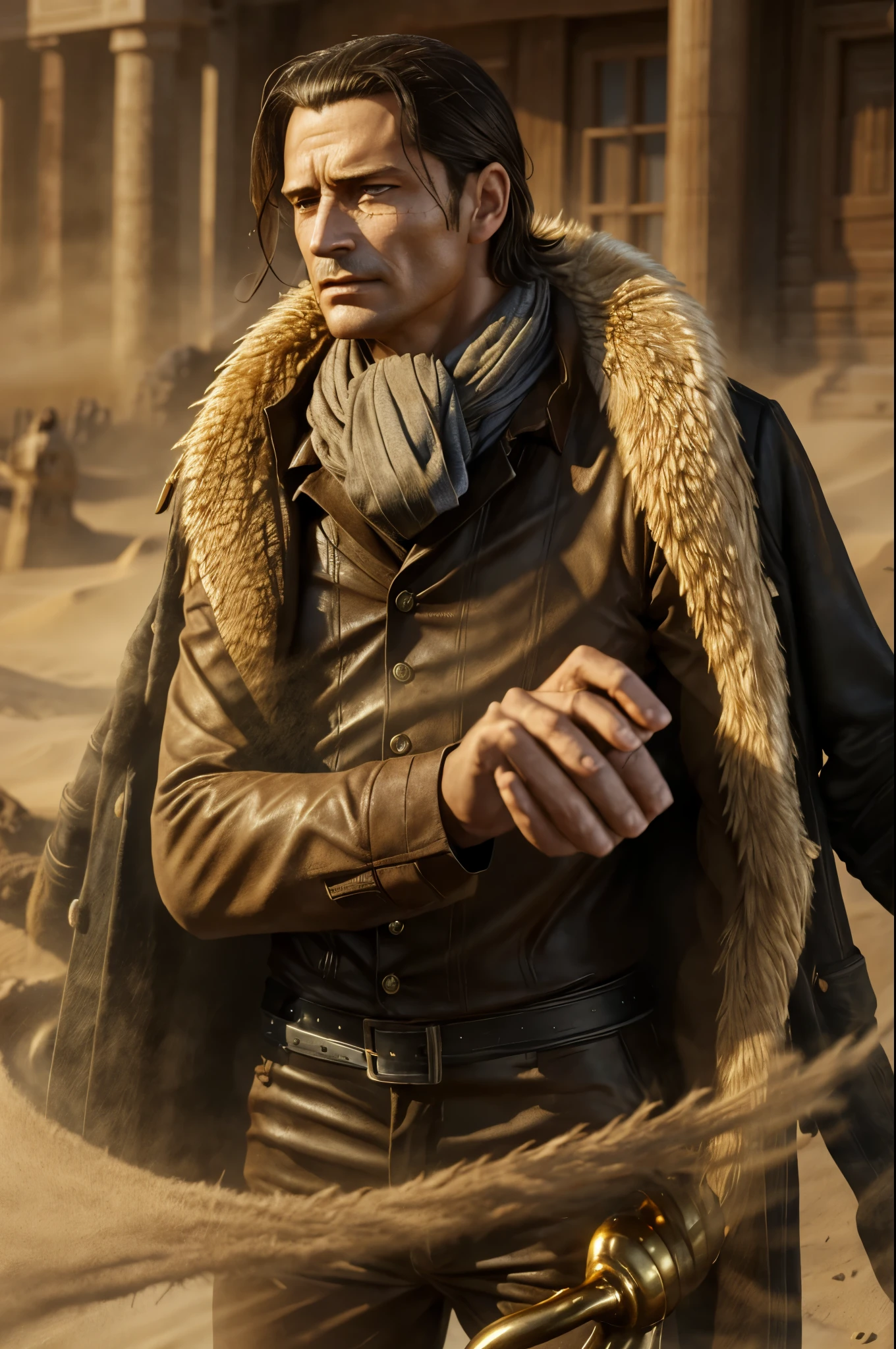 masterpiece, best quality, extremely detailed, hyperrealistic, photorealistic, a cool 40s man, ultra detailed face:1.2, fur-trimmed coat, scarf around the neck, his left hand is a golden pirate hook:1.1, in sandstorm:1.2