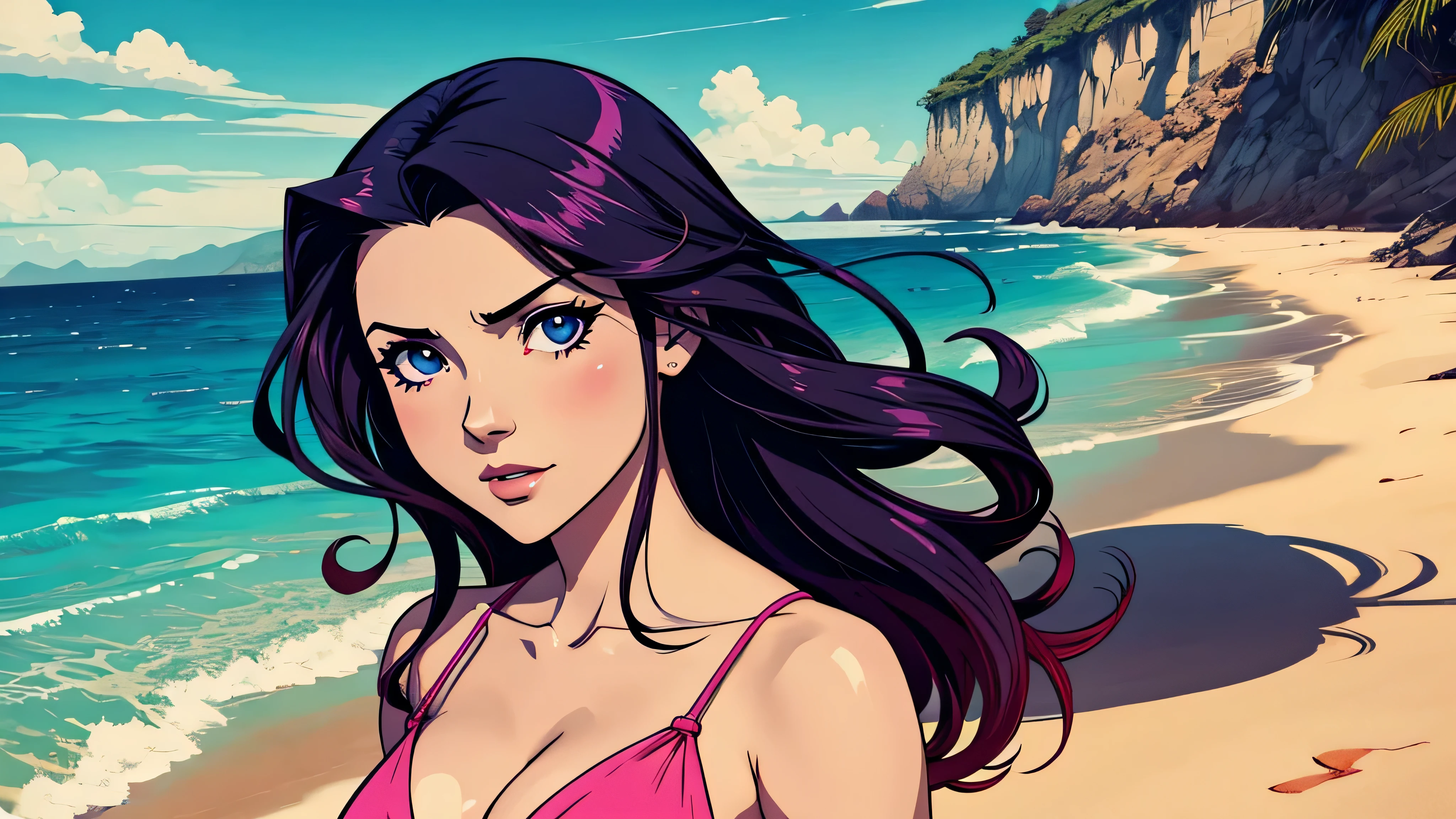 garota de anime, corpo inteiro, summer, praia, roupas de summer, biquini, linda, Capa do álbum Anime Phonk Brain Sick, musica, ondas sonoras, com cores vermelho e preto neon