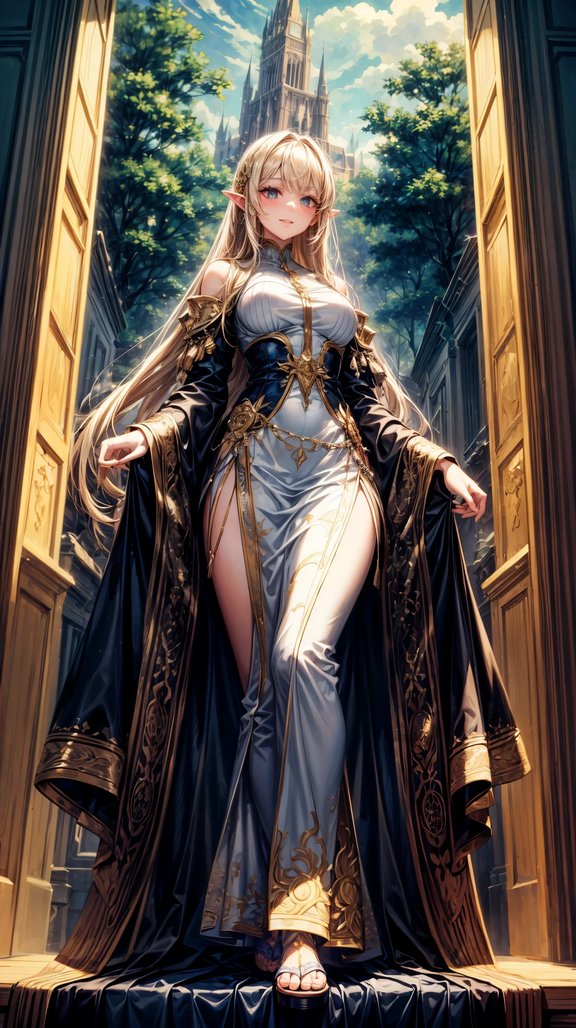 masterpiece,highest quality,Ultra high definition, Appearance of nobility and wisdom, wizardly strength, blond hair, sharp eyes, long pointed ears, sumptuous clothing, silk or fine fabrics, bright colors, intricate patterns, tall towers, ancient forests, environment they live in, blond hair,smile