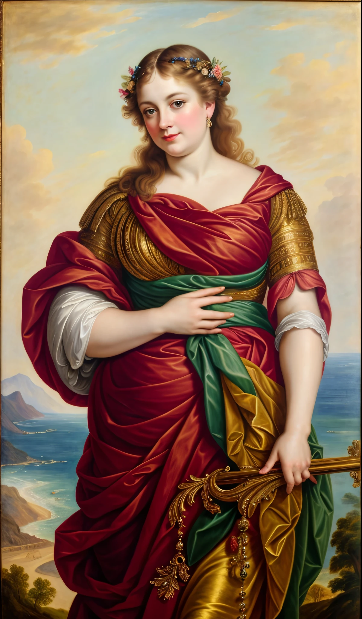 Original Character, ethereal beauty, aesthetic, Masterpiece, 45 years old lady, thick figure, Full figured woman, Best quality, high clarity eyes, critically flawless,sharp picture, styled hair, long hair, fluffy hair, Full portrait, High pixels, perfect face, perfect eyes, beautiful face, perfect hands,perfect fingers, in Peter Paul Rubens style, by Peter Paul Rubens, baroque style, acrylic on canvas, highly detailed, description: "Create a nymph inspired by the tales of Greek or Roman mythology, embodying the essence of a natural element or location, and possessing a unique ability or trait that sets her apart."