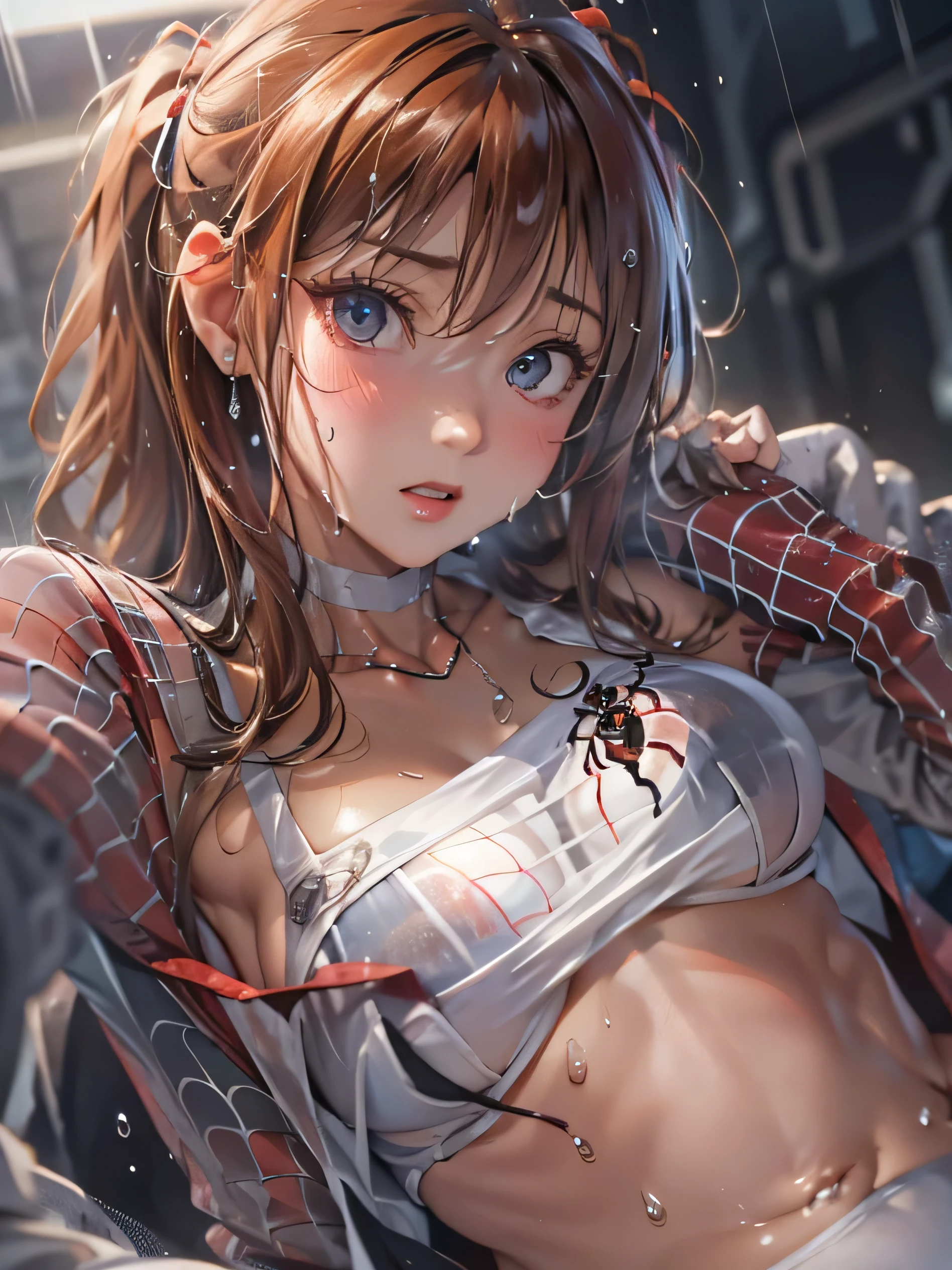 (photorealistic:1.8, highest quality:1.8,8K masterpiece:1.8,High resolution,muste piece:1.8,RAW Photos,cinematic lighting),23 year old female、((basement))、white leotard、choker、(Soryu Asuka Langley)、Pleased、
(((See-through)))(((full of spiders)))((spider roll)Around the body))((blush))(((wet with sweat)))(((spider rider)))squat down and spread your legs、plump nipples、
(cameltoe),No split screen,slender abs:1.2,(Young sensual gravure idol)
