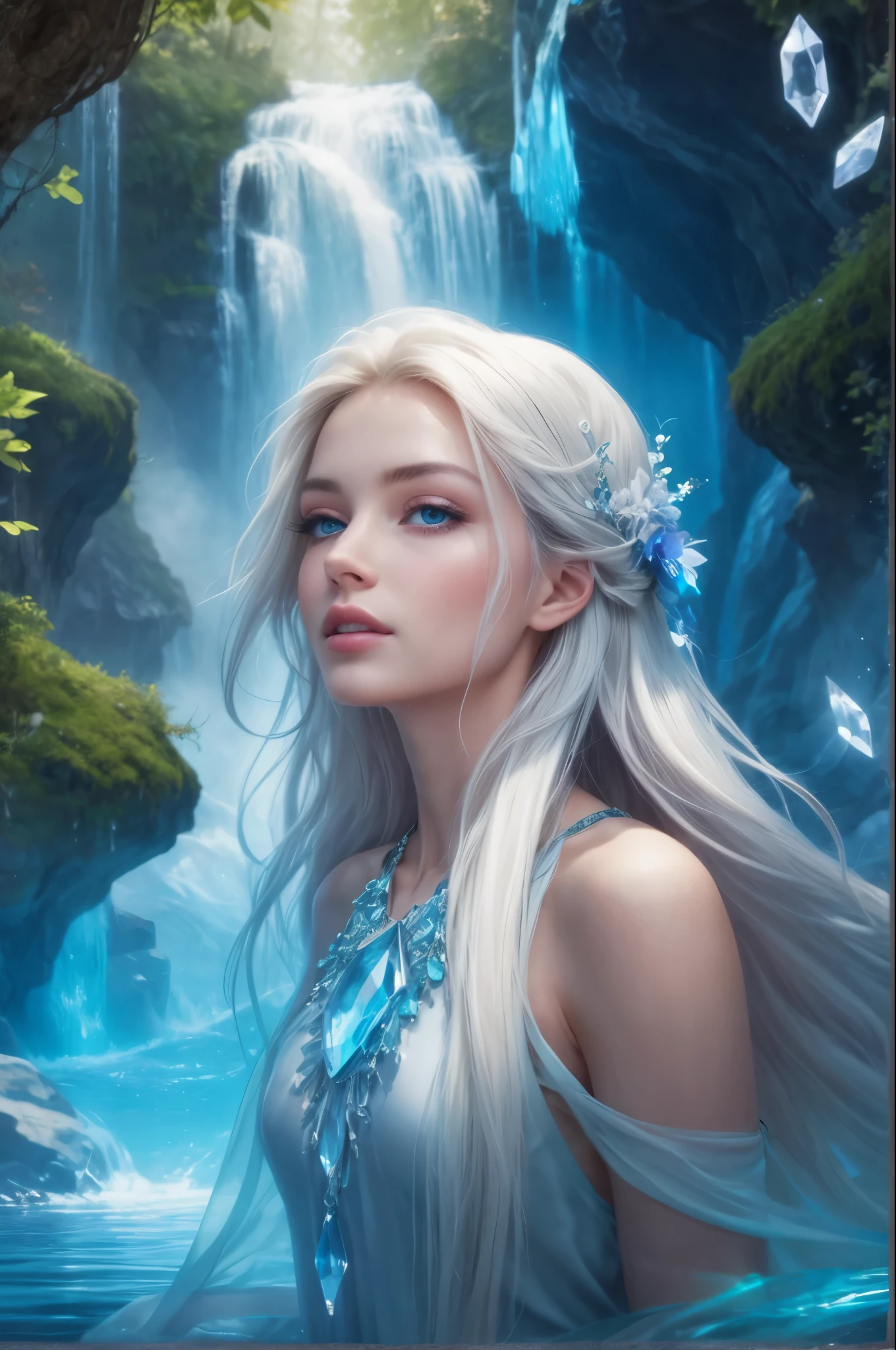 Create a mesmerizing digital painting depicting the serene beauty of an enchanted forest scene. Include a majestic waterfall with crystalline waters cascading down from rugged cliffs, surrounded by ancient trees and vibrant flora. In the center of the scene, portray a young woman of ethereal beauty, with flowing white hair and azure blue eyes, adorned with a shimmering blue crystal necklace. Capture her graceful presence as she interacts with the natural elements around her, infusing the forest with an aura of tranquility and magic.